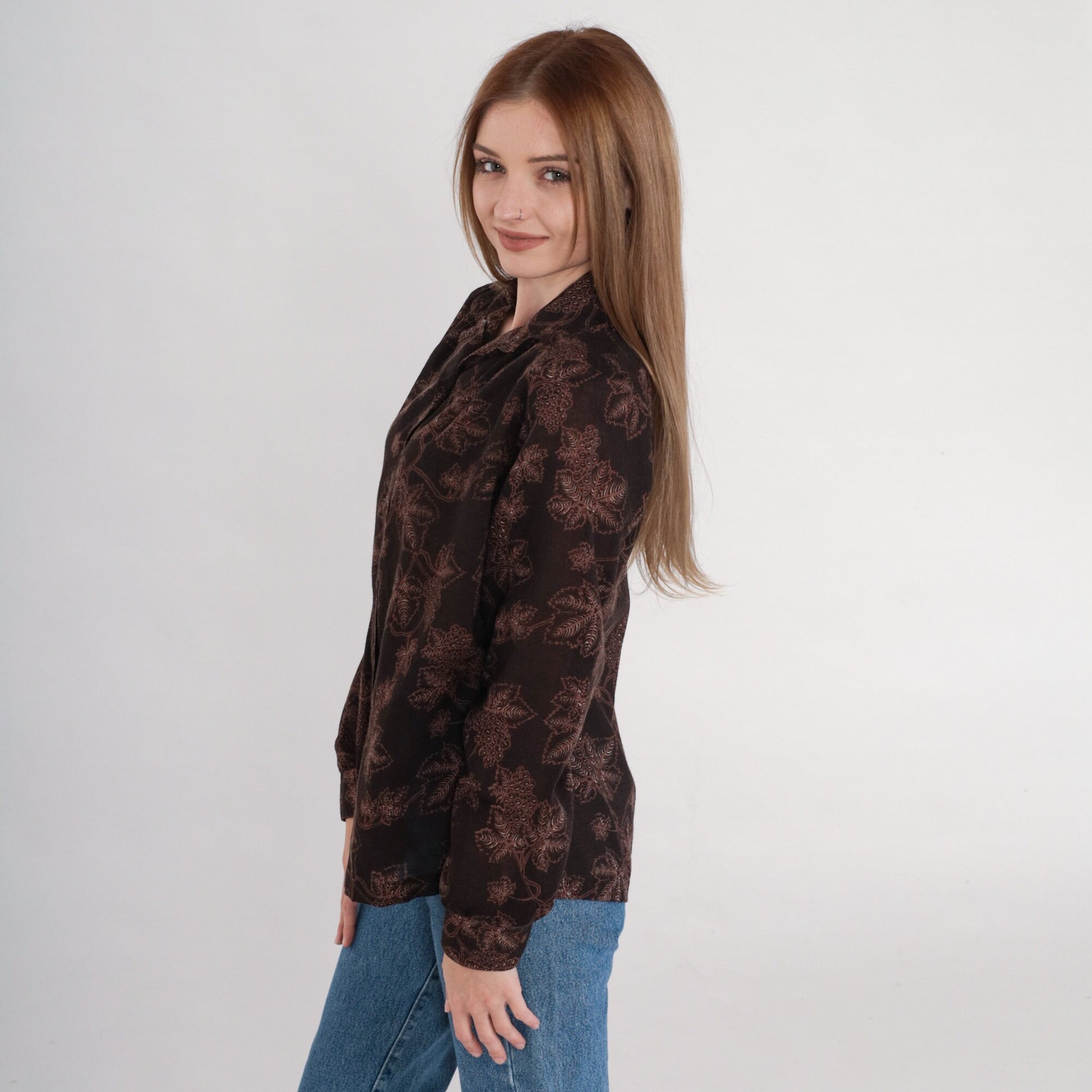 80s Grapevine Blouse Brown Button Up Shirt Grape Leaf Print Medium M