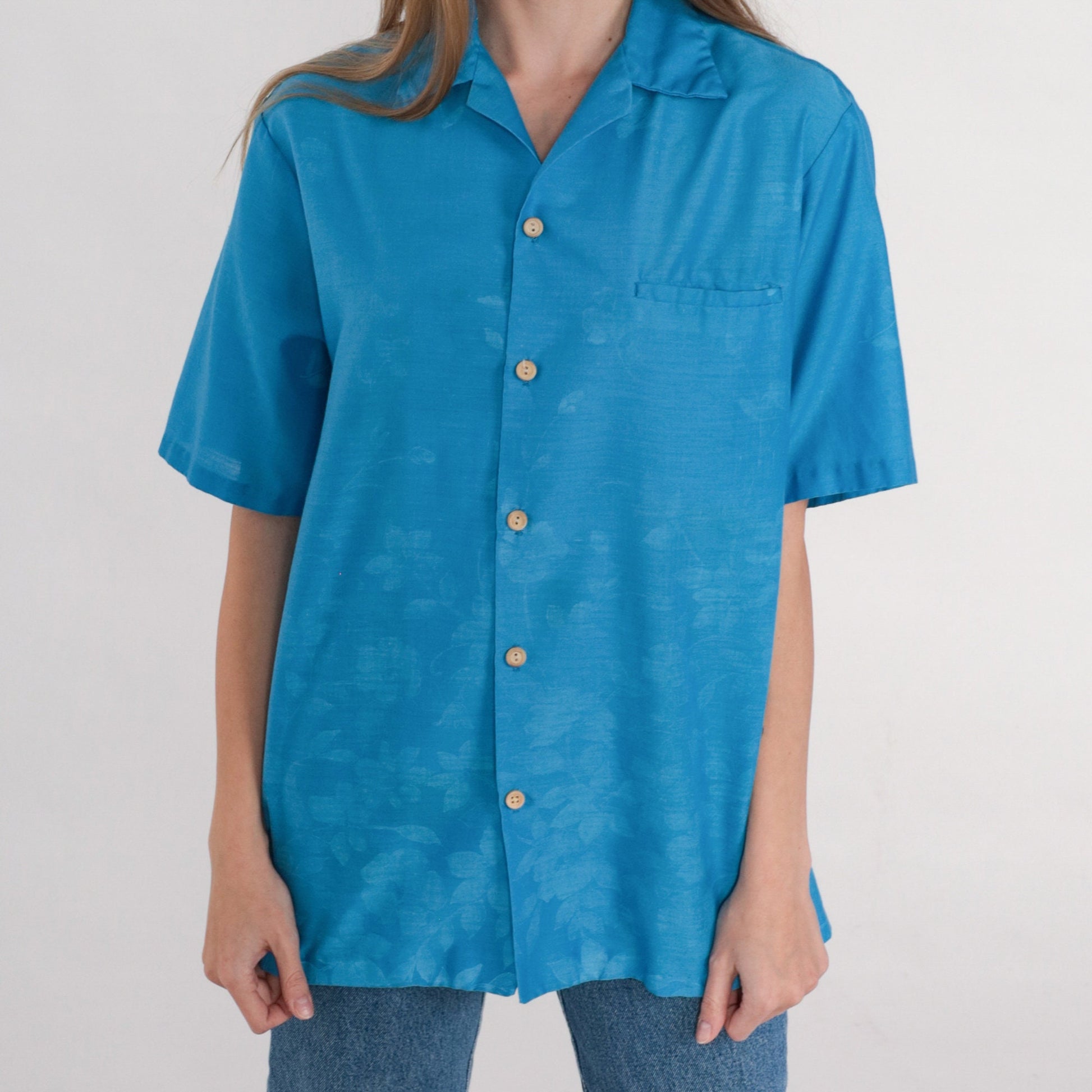 90s Blue Floral Button-Up Blouse Short Sleeve Collared Shirt Medium M