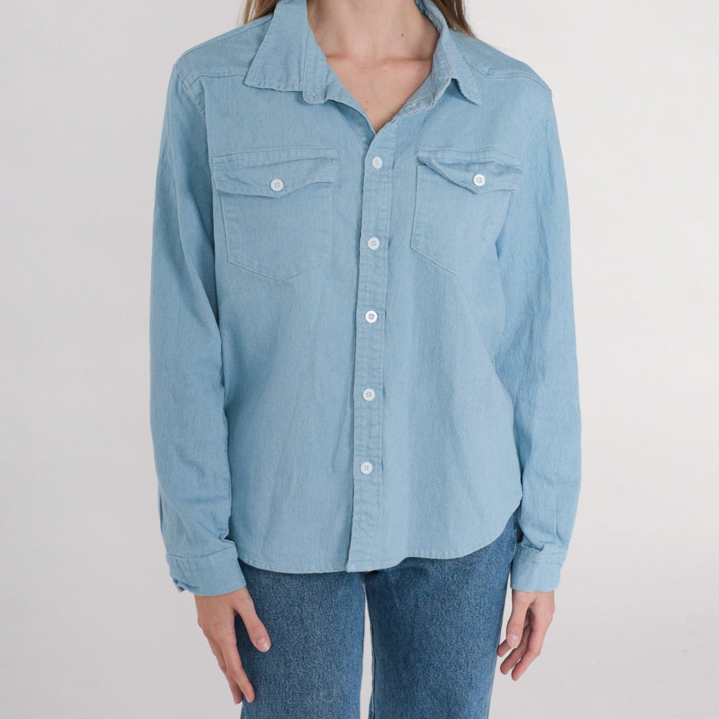 90s Blue Chambray Button-Up Shirt Long Sleeve Chest Pocket Small S