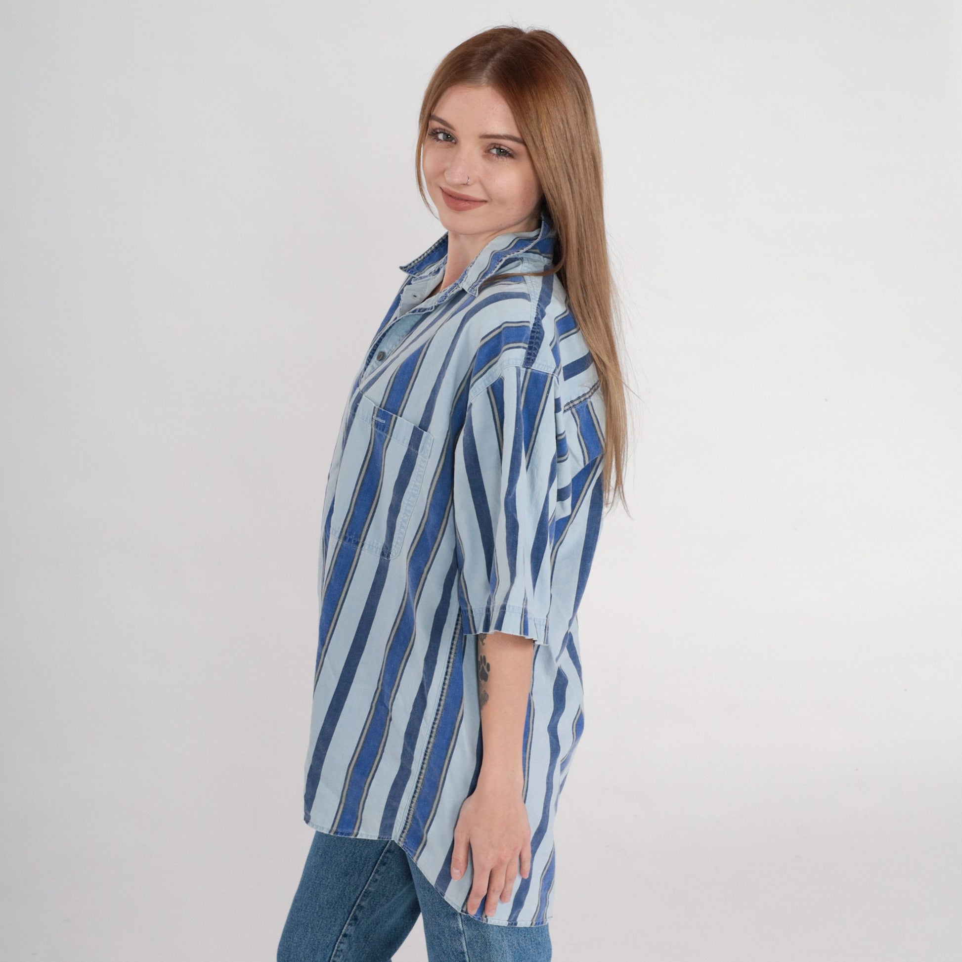90s Sostanza Striped Cotton Button-Up Shirt Blue Collared Short Sleeve Large
