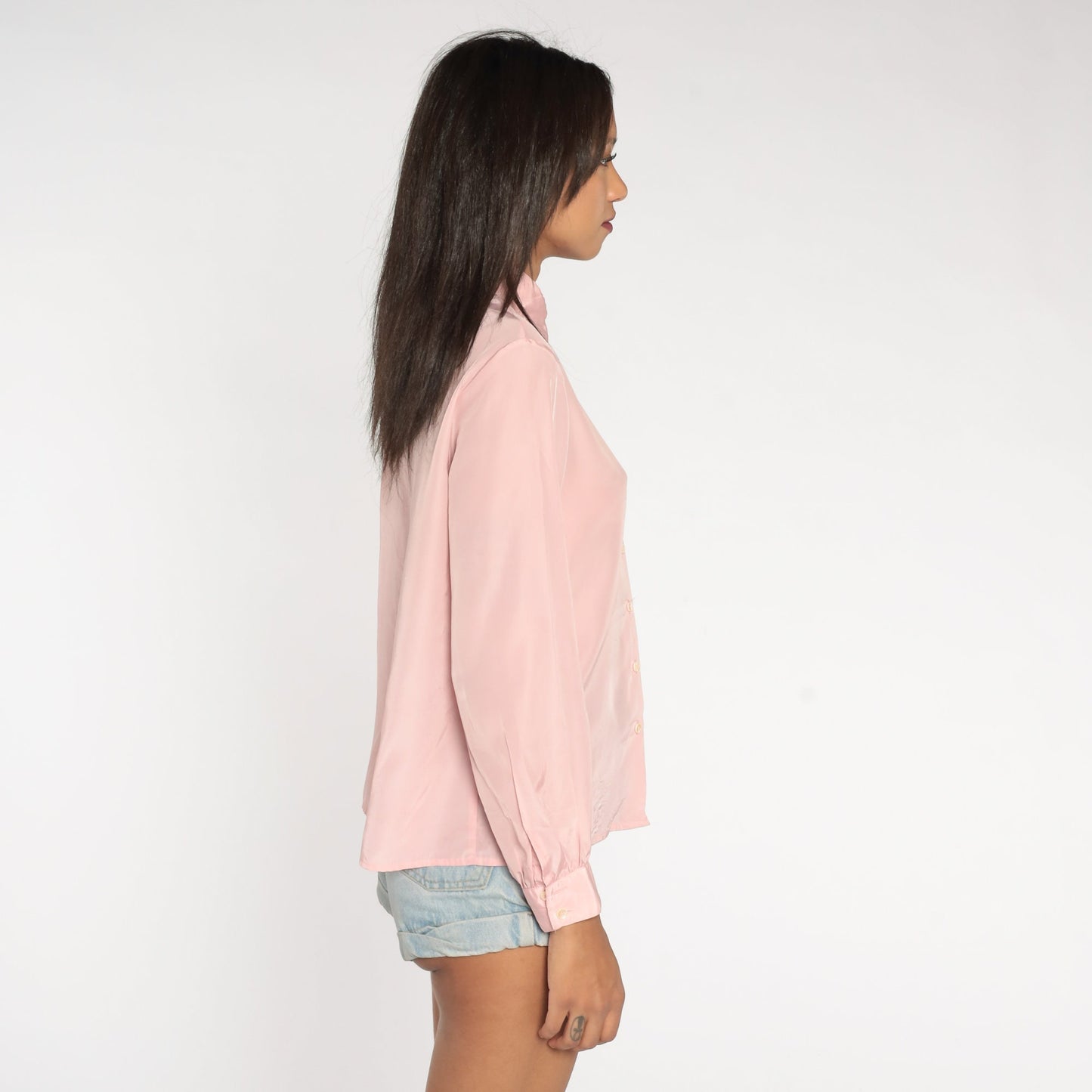 80s Leslie Fay Baby Pink Button-Up Blouse Long Sleeve Collared Medium