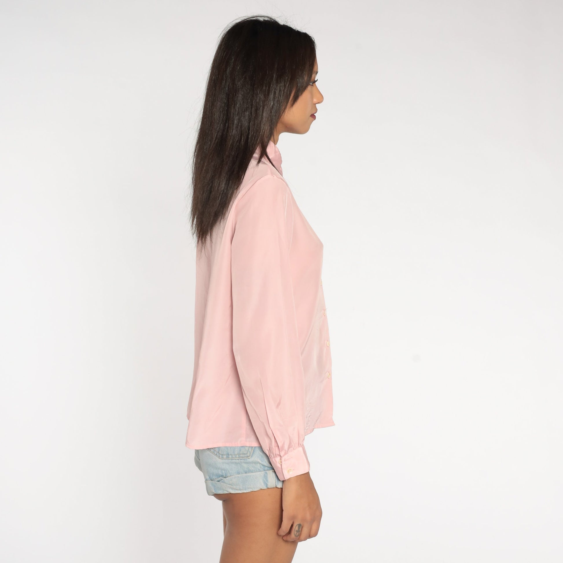 80s Leslie Fay Baby Pink Button-Up Blouse Long Sleeve Collared Medium