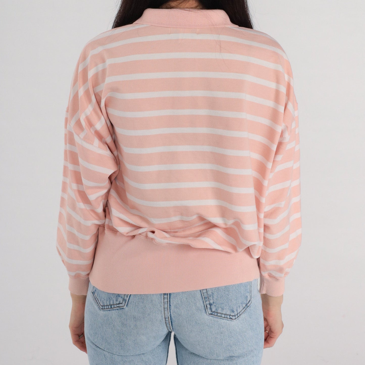 90s Peach Striped Polo Sweatshirt Collared Cotton Blend White Large