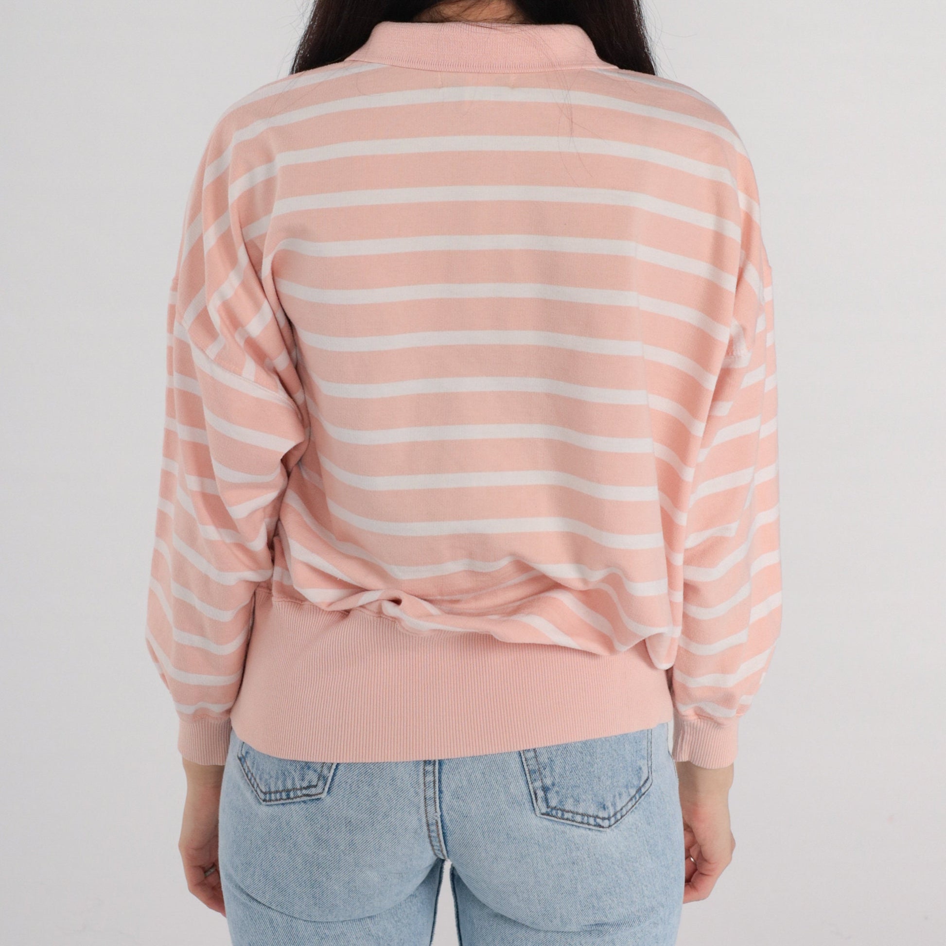90s Peach Striped Polo Sweatshirt Collared Cotton Blend White Large