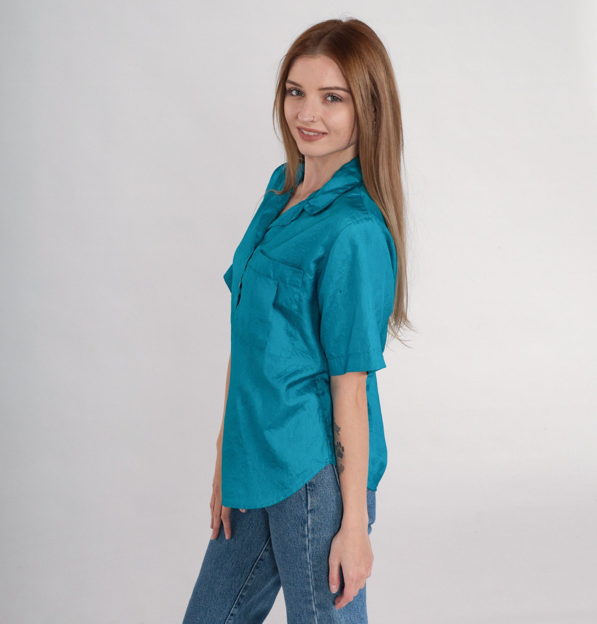 80s Blue Button-Up Shirt Short Sleeve Collared Blouse Chest Pocket Medium