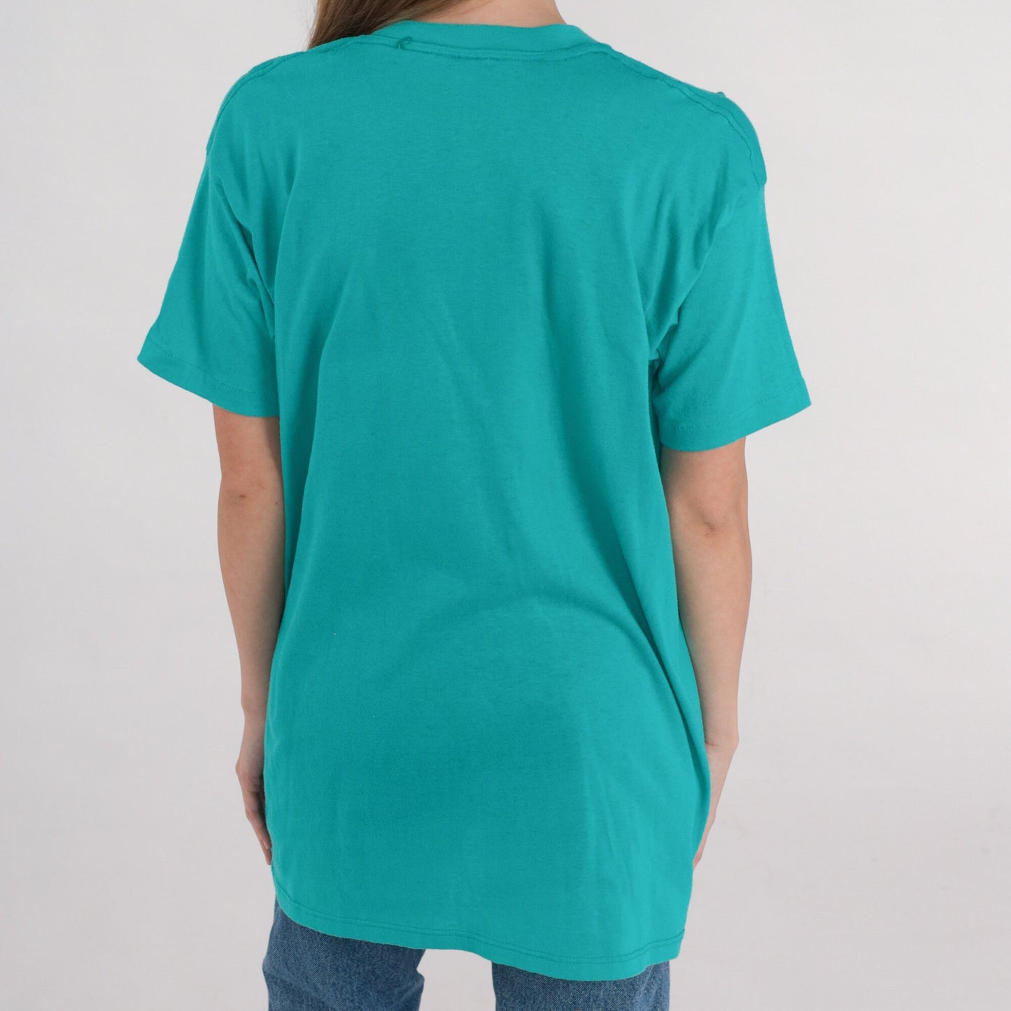 90s Teal Pocket T-Shirt Plain Cotton Crewneck Medium