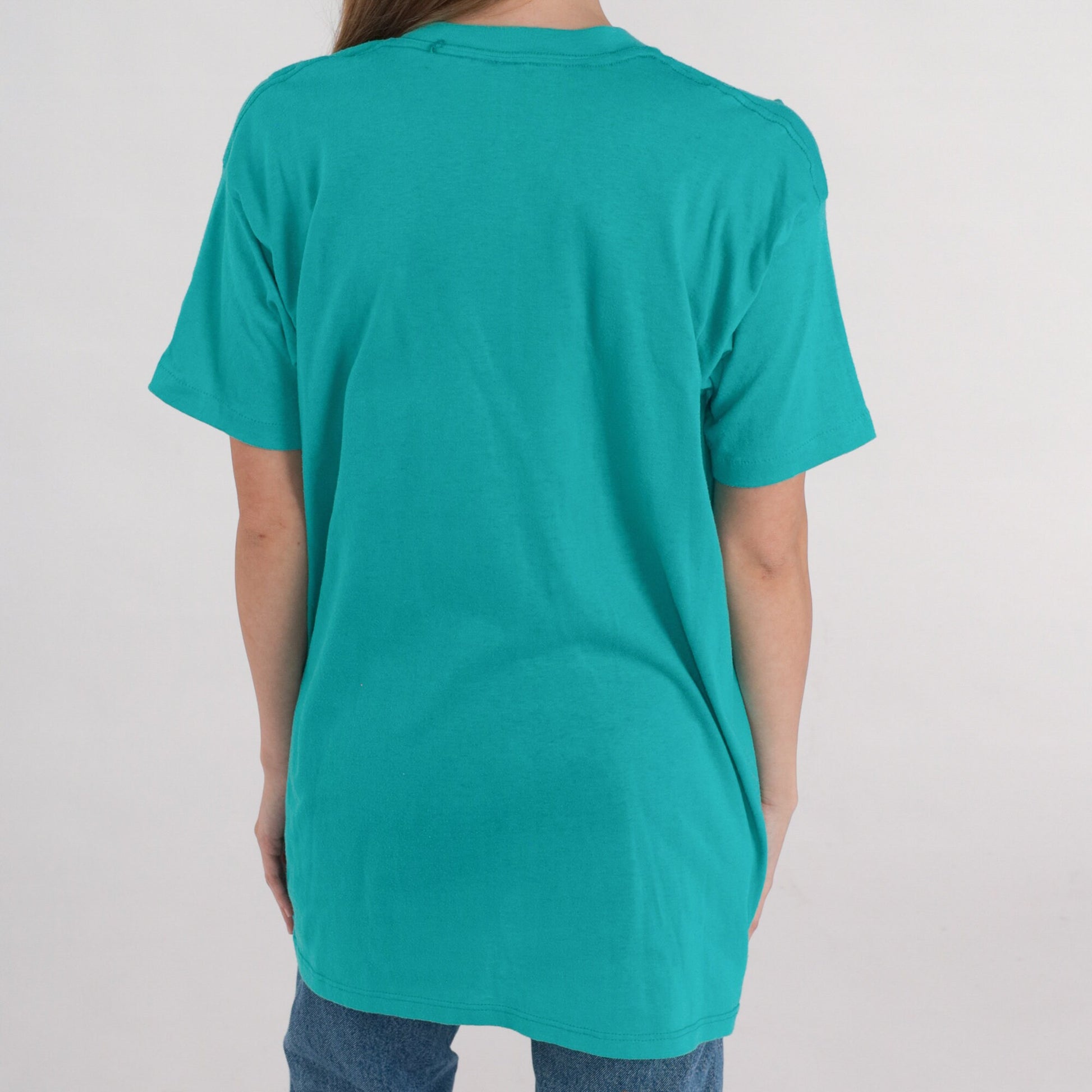 90s Teal Pocket T-Shirt Plain Cotton Crewneck Medium