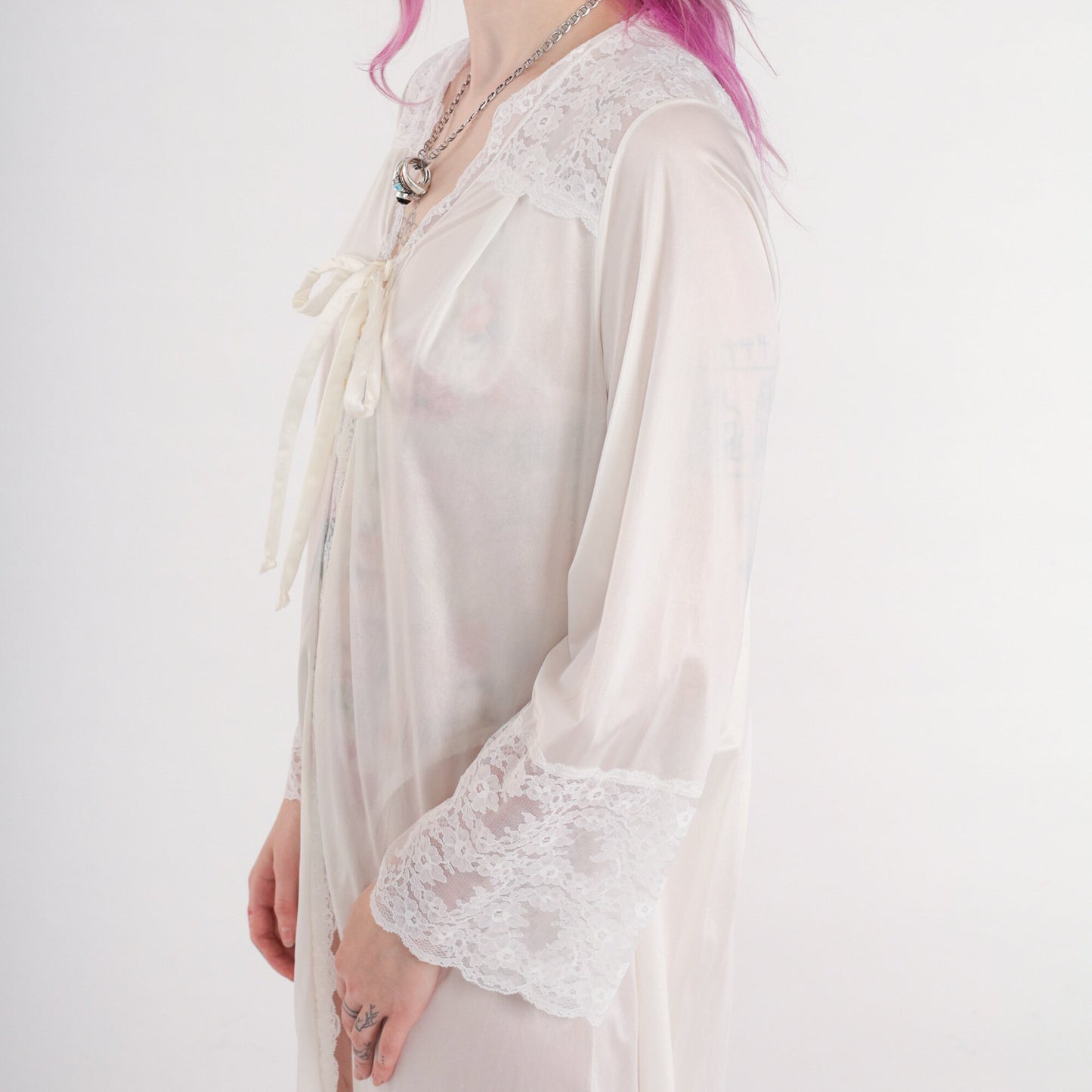 70s Gilead White Nylon Maxi Lingerie Robe Lace Trim Tie Front Small