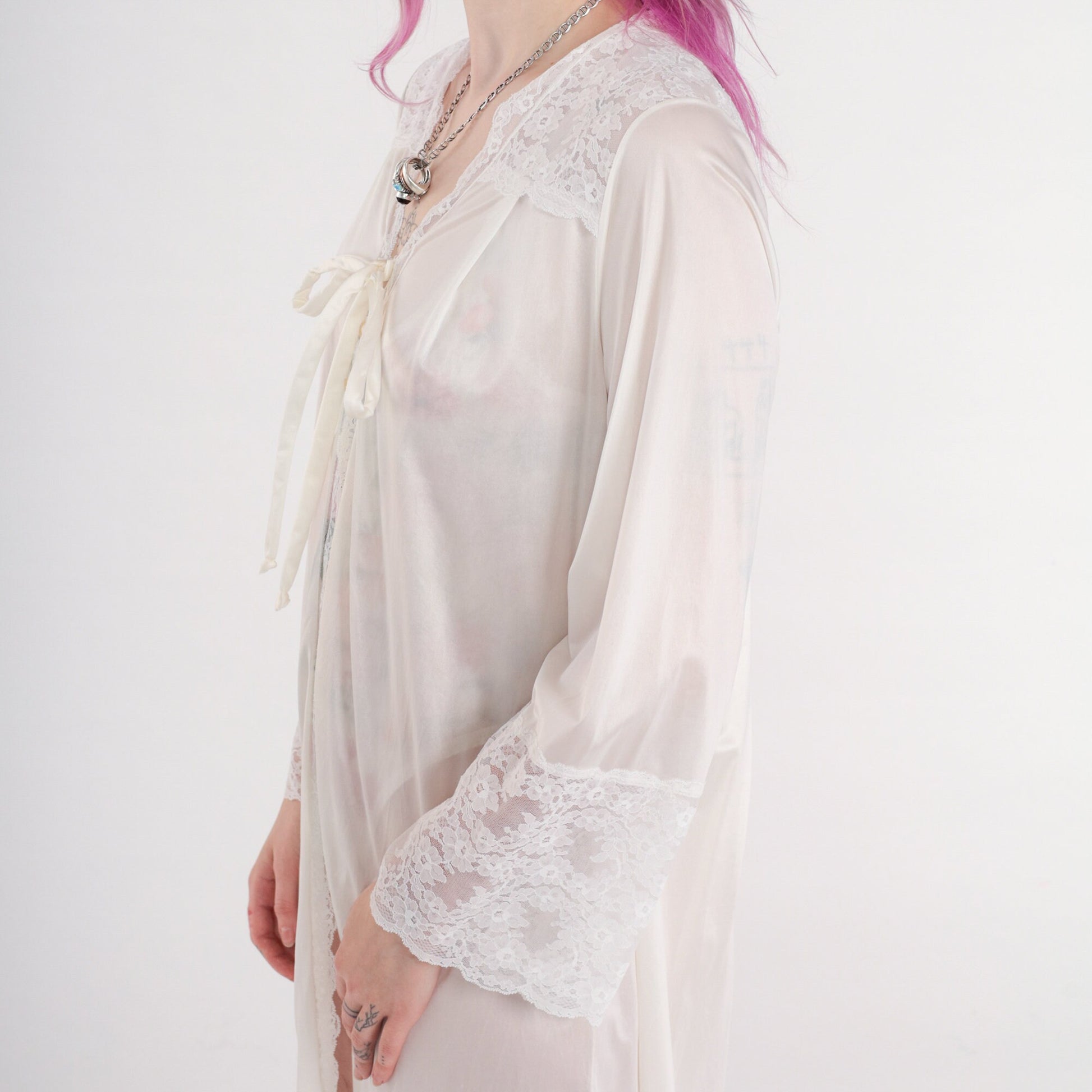 70s Gilead White Nylon Maxi Lingerie Robe Lace Trim Tie Front Small