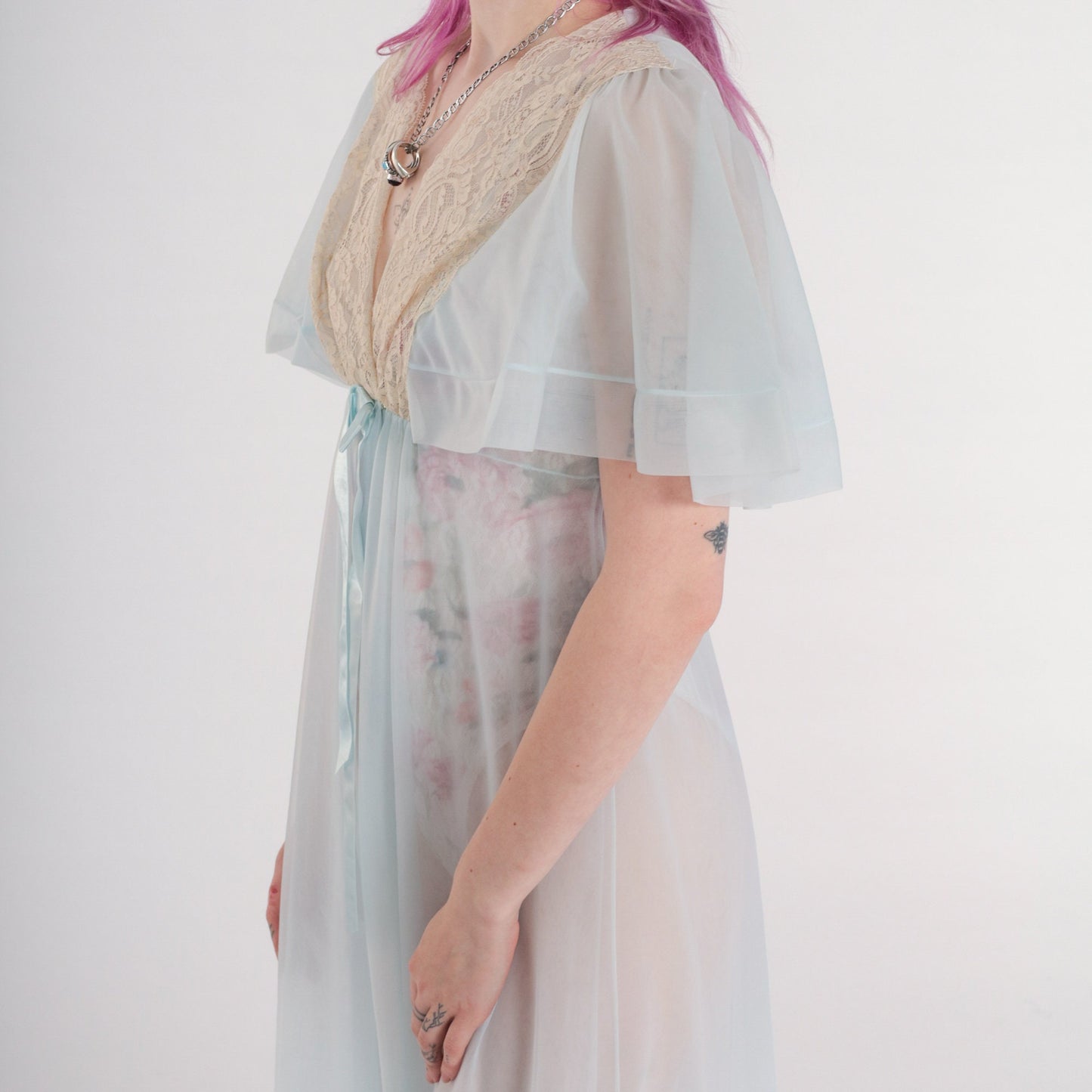 70s Sheer Baby Blue Nylon Lingerie Robe Maxi Lace Trim Empire Waist Small