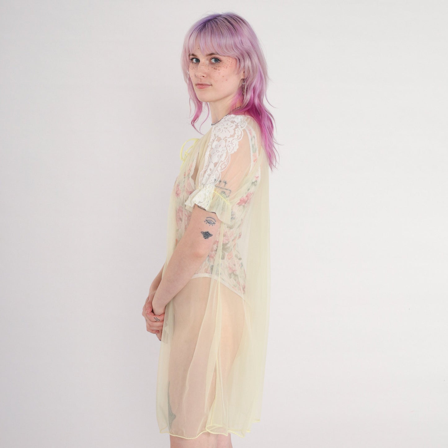 70s Yellow Sheer Nylon Lace Lingerie Robe Kimono Small