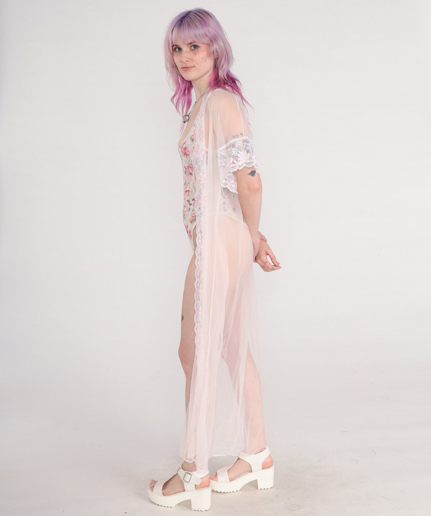 70s Baby Pink Sheer Nylon Maxi Robe Lace Trim Open Front Large L