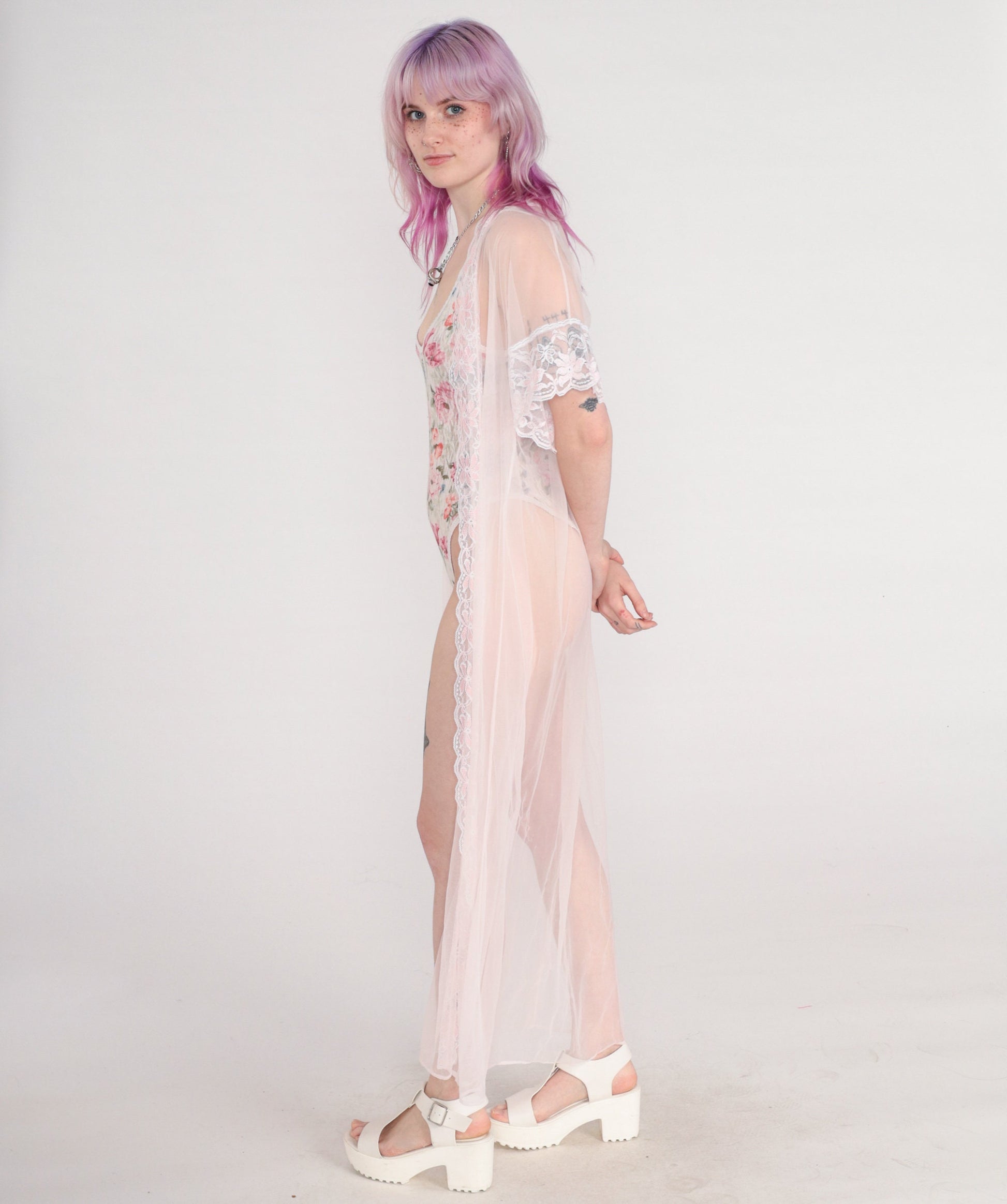 70s Baby Pink Sheer Nylon Maxi Robe Lace Trim Open Front Large L