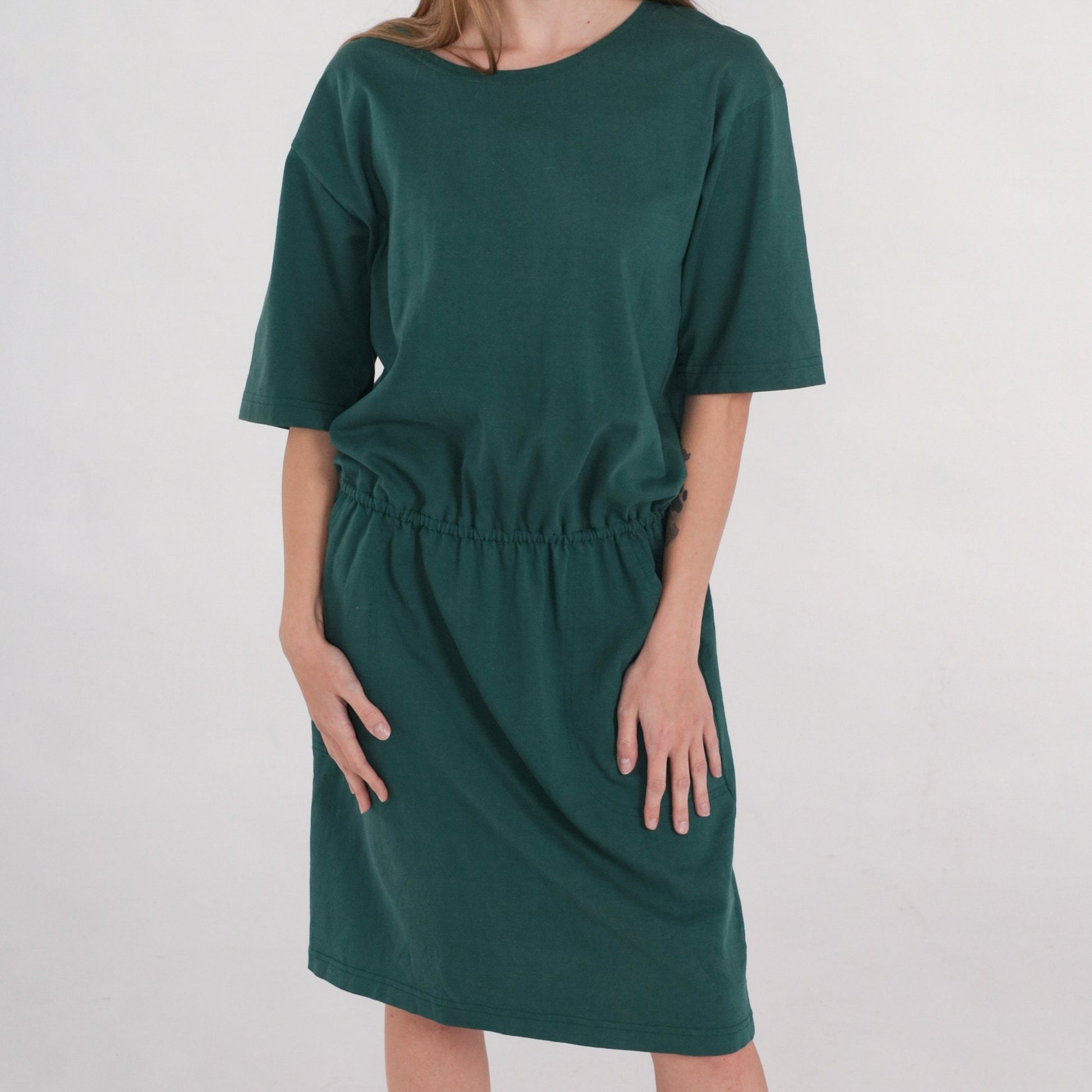 90s Hunt Club Green Cotton T-Shirt Dress Knee Length Drop Waist Medium