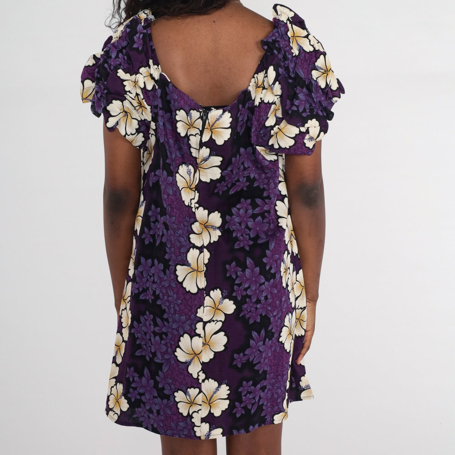 Y2K Purple Tropical Floral Mini Dress Ruched Sleeve Sheath Large L