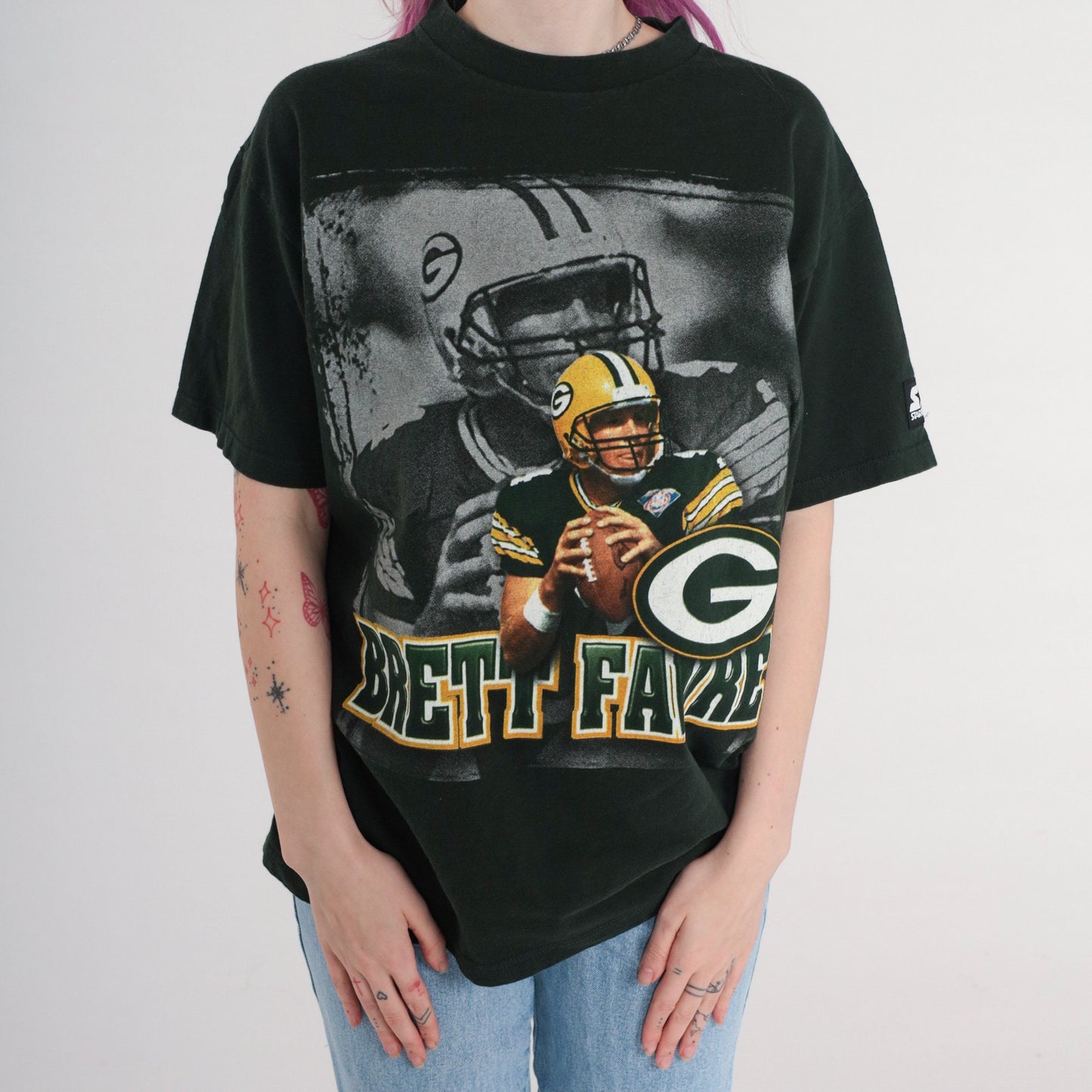 90s Brett Favre Green Bay Packers Starter Football T-Shirt Black Medium