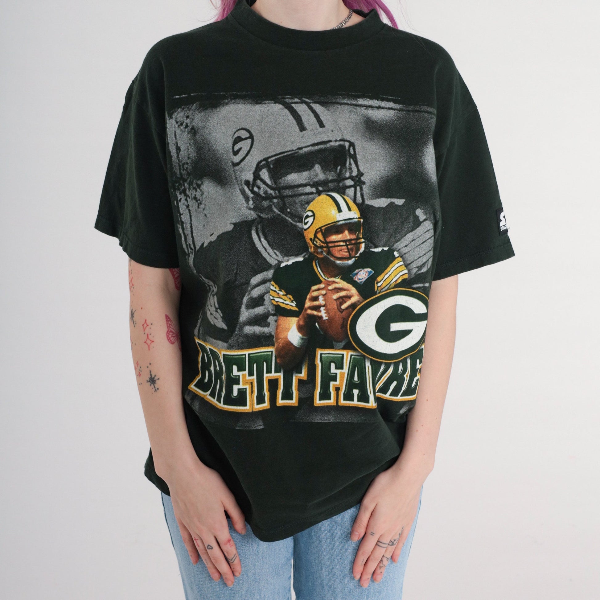 90s Brett Favre Green Bay Packers Starter Football T-Shirt Black Medium