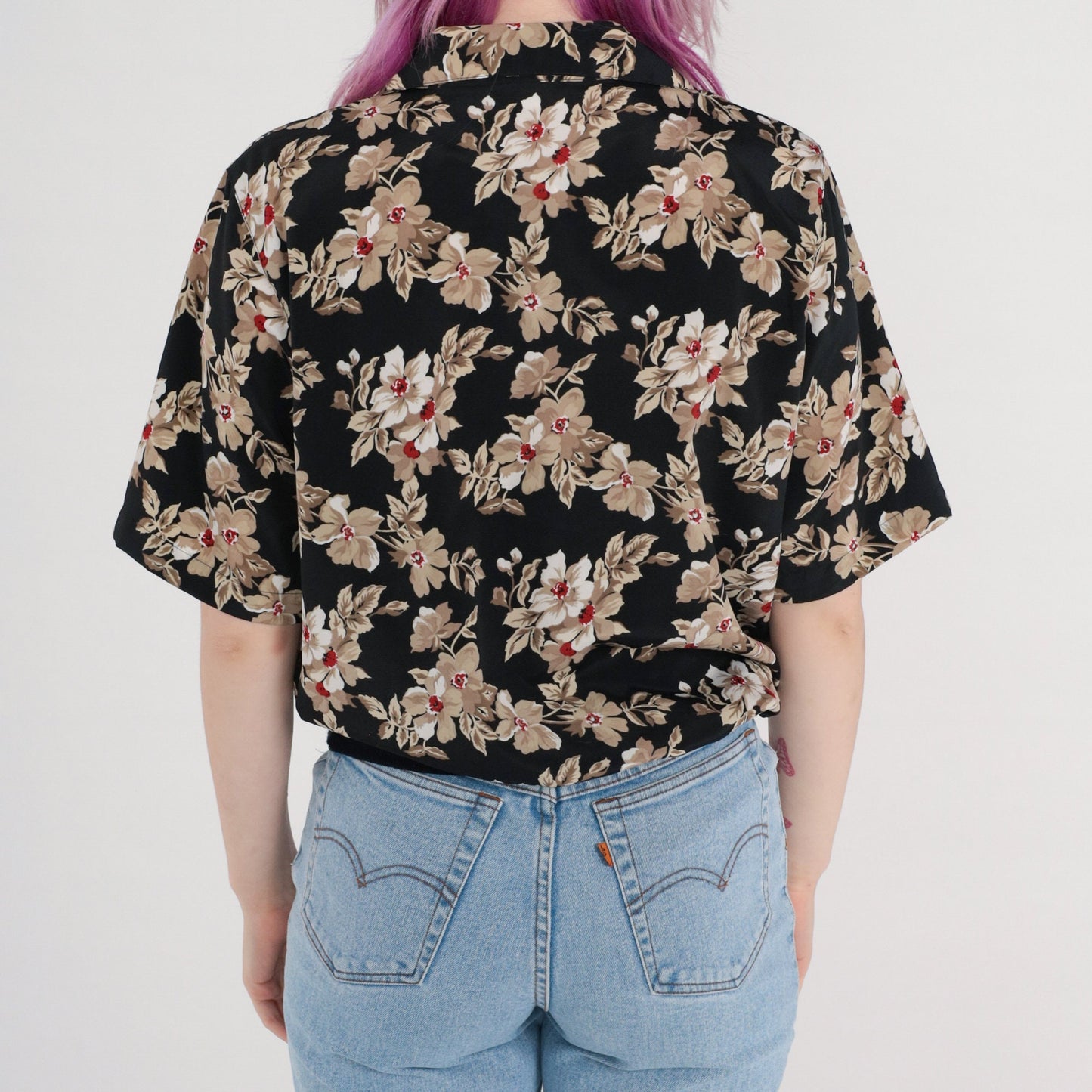 80s Alfred Dunner Floral Button-Up Blouse Black Banded Hem Medium