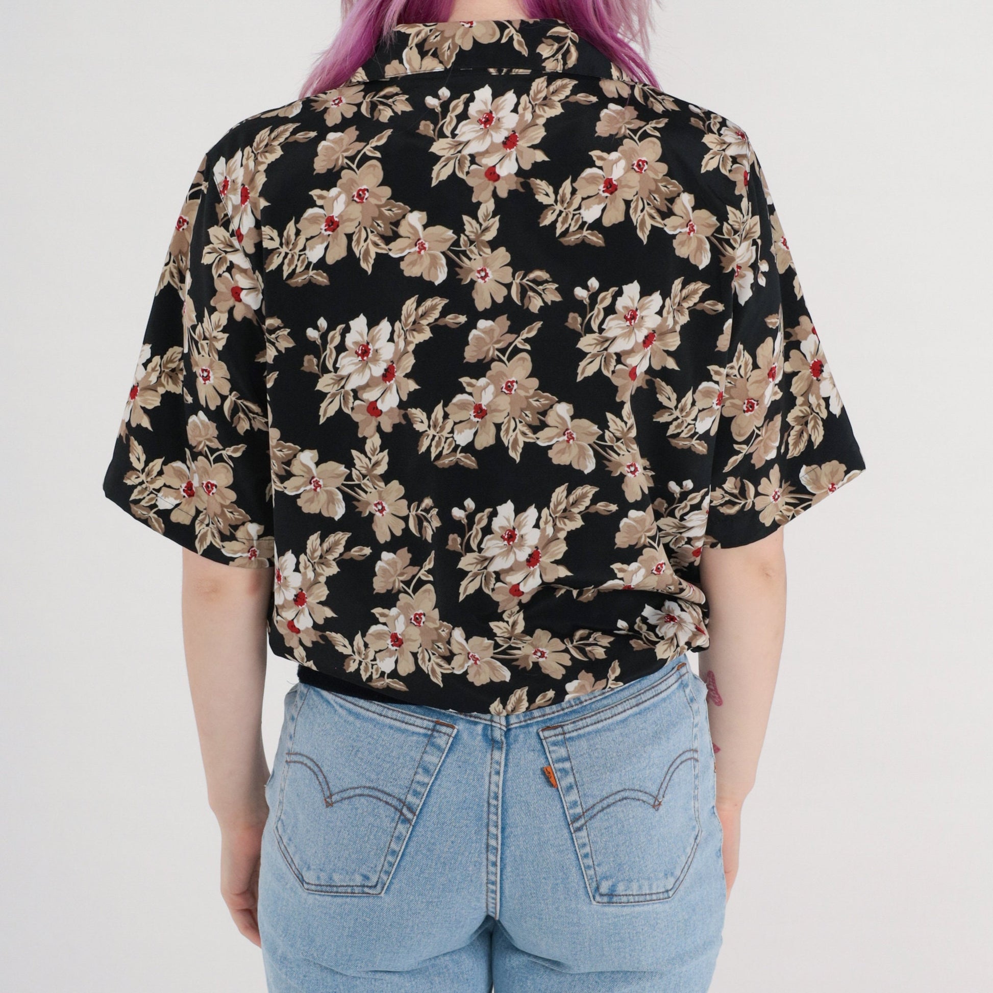 80s Alfred Dunner Floral Button-Up Blouse Black Banded Hem Medium