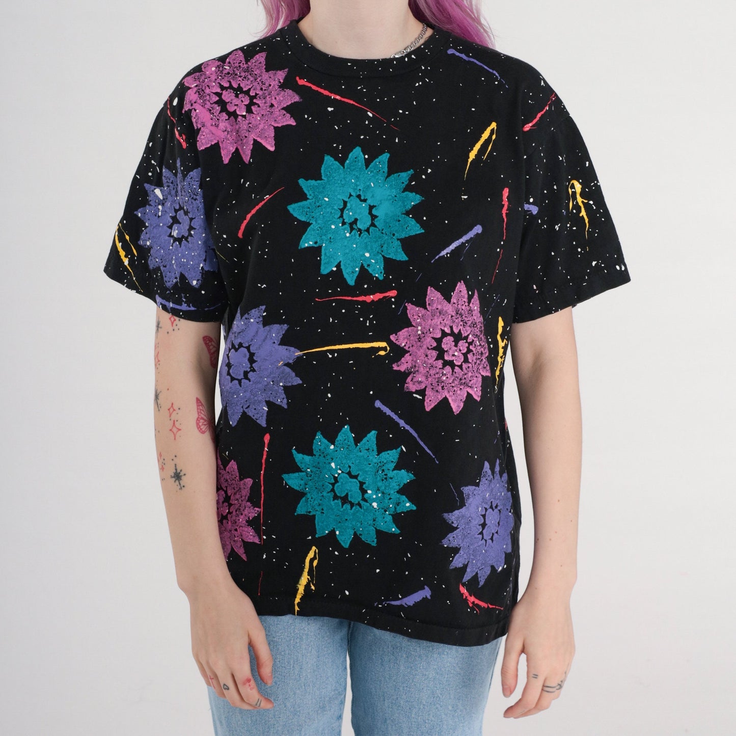 90s Floral Sponge Painted T-Shirt Black Purple Brushstroke Cotton Tee Large