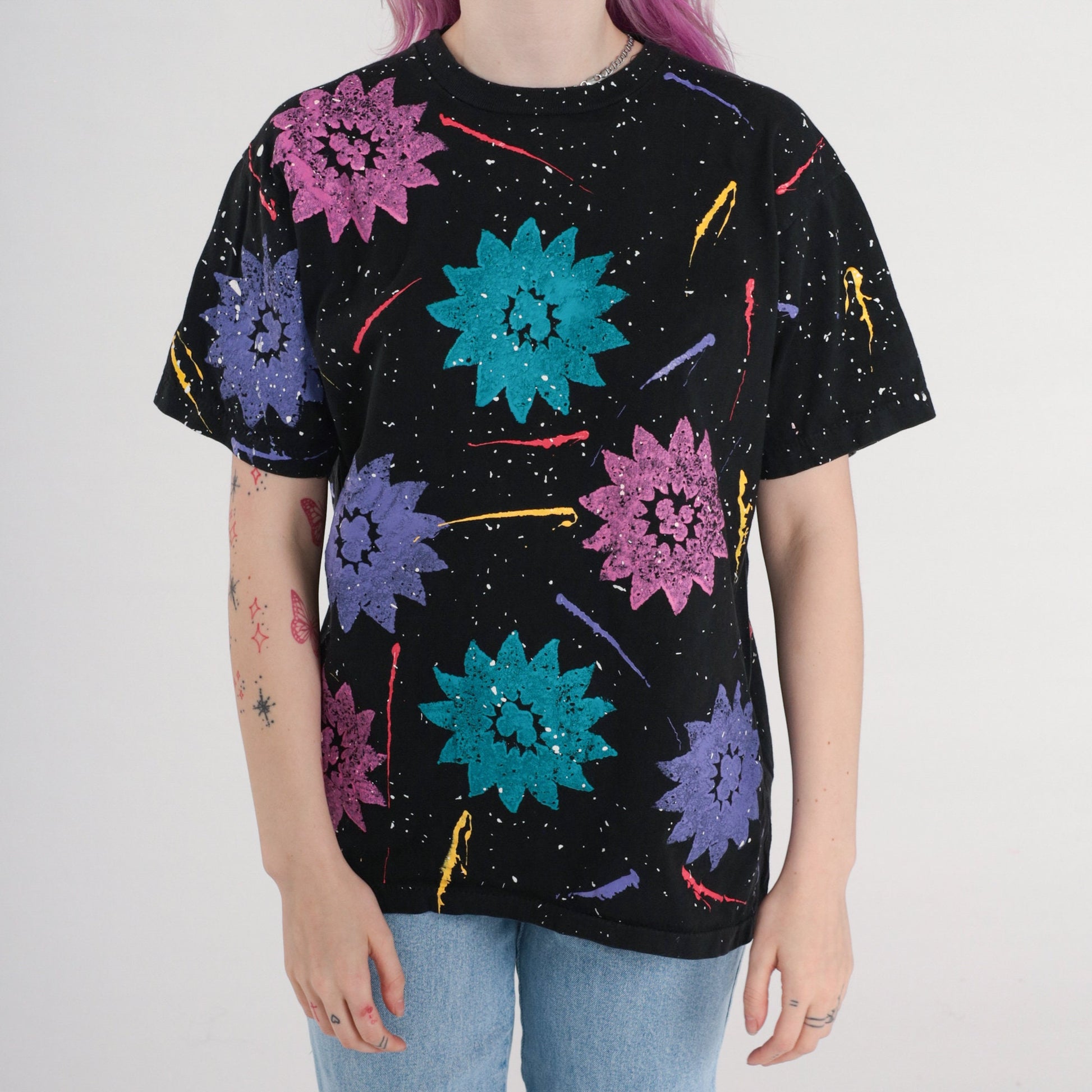90s Floral Sponge Painted T-Shirt Black Purple Brushstroke Cotton Tee Large