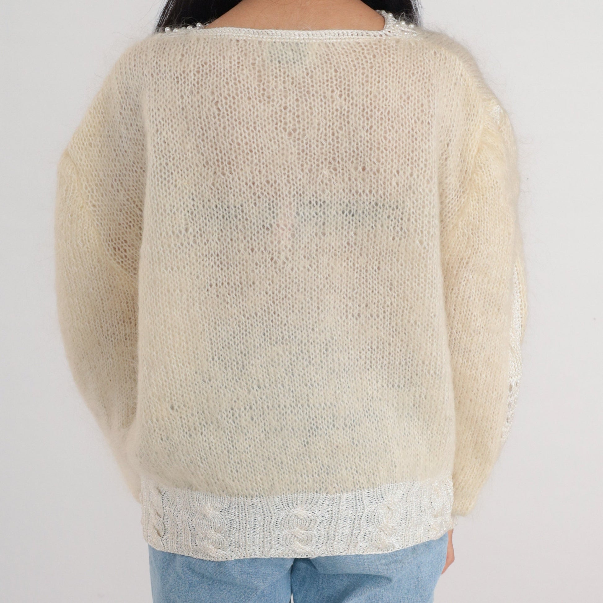 80s Cream Mohair Floral Sweater Pearl Beaded Cable Knit Cutout Pullover Large L