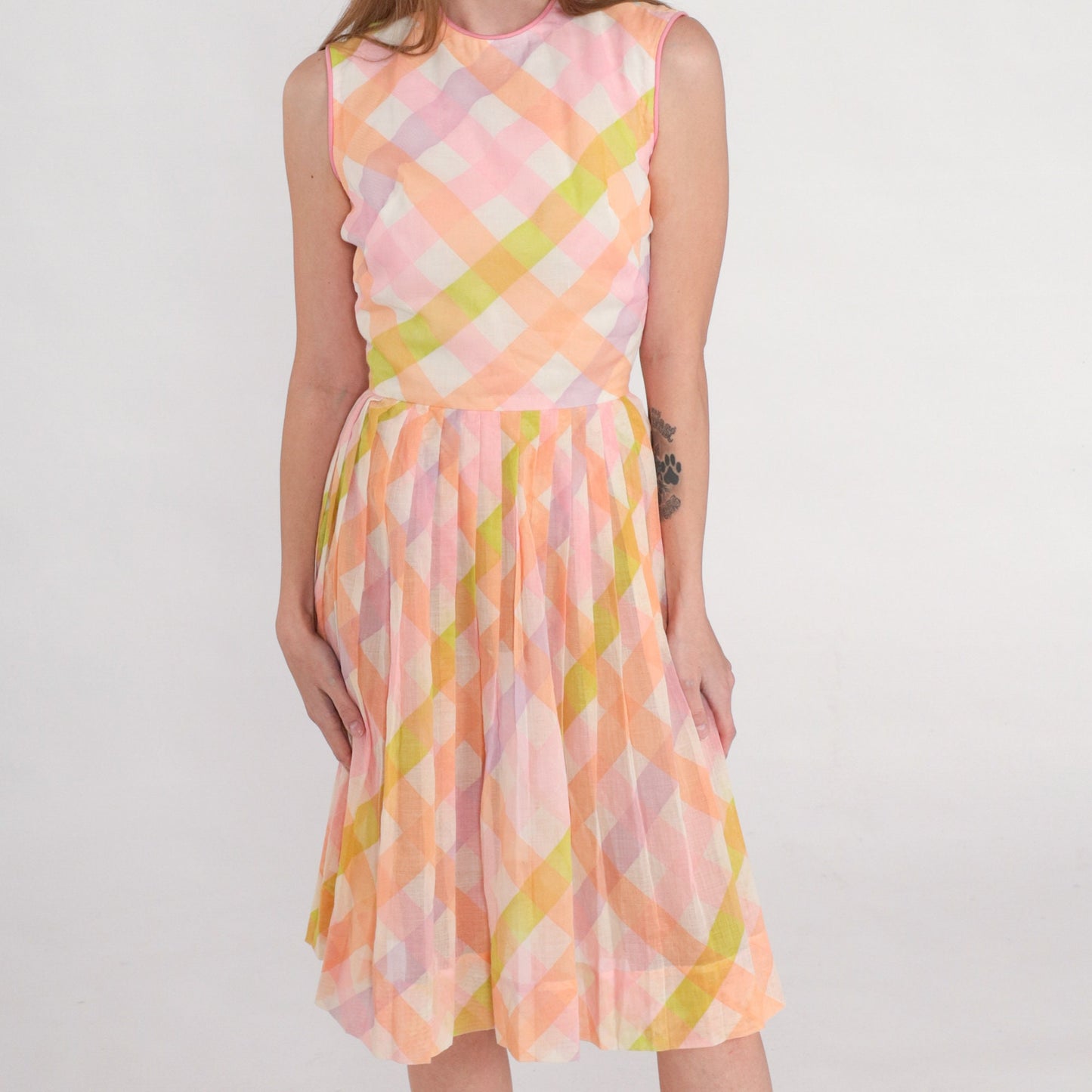 1960s Checkered A-Line Sundress High Waist Sleeveless Pink Orange Green Mini Extra Small