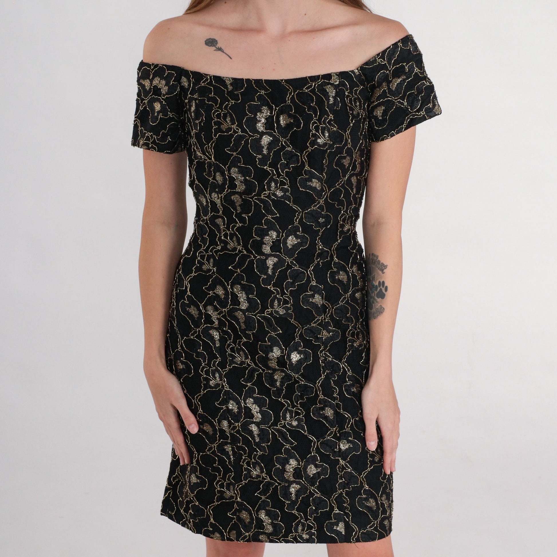 90s Black Metallic Gold Floral Off-Shoulder Mini Dress Extra Small XS