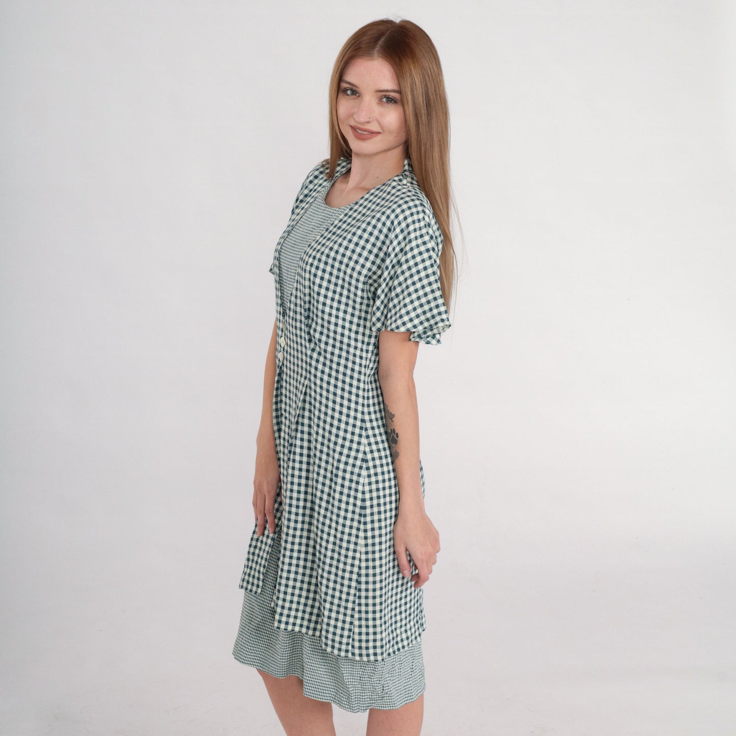 90s Teal White Gingham Mini Shift Dress Button-Up Short Sleeve Medium