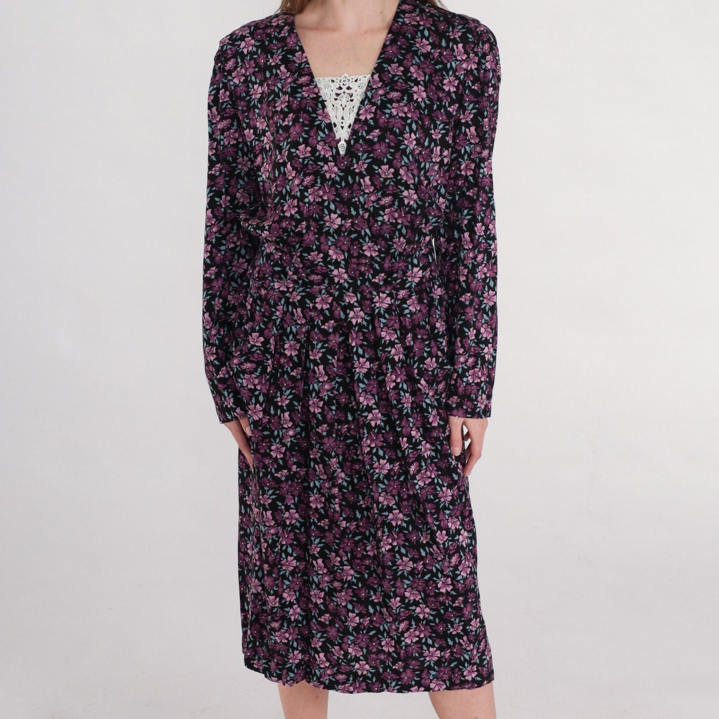 90s Karin Stevens Floral Midi Dress Purple Puff Sleeve V-Neck Small