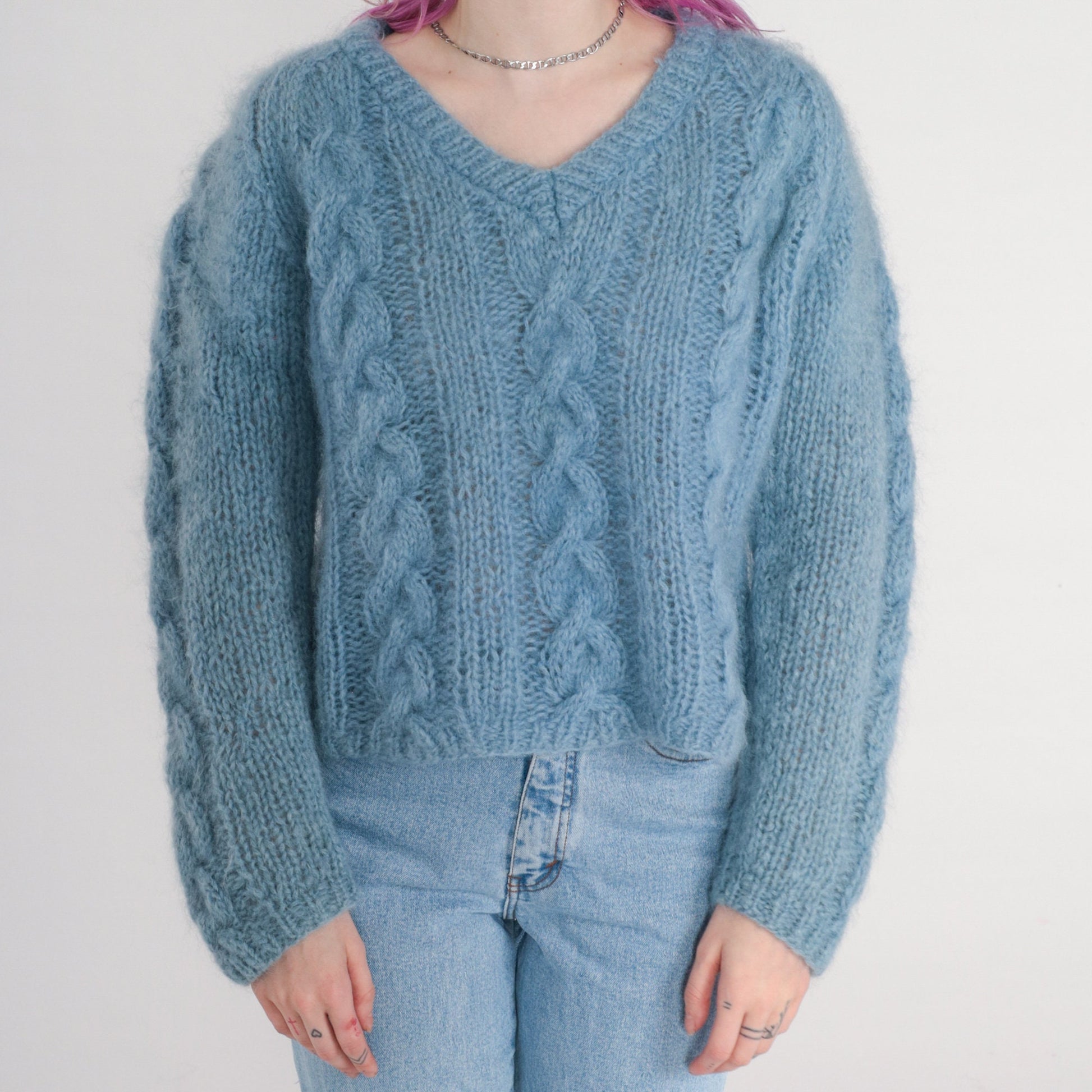 80s Blue Mohair Cable Knit V-Neck Sweater Open Weave Pullover Medium