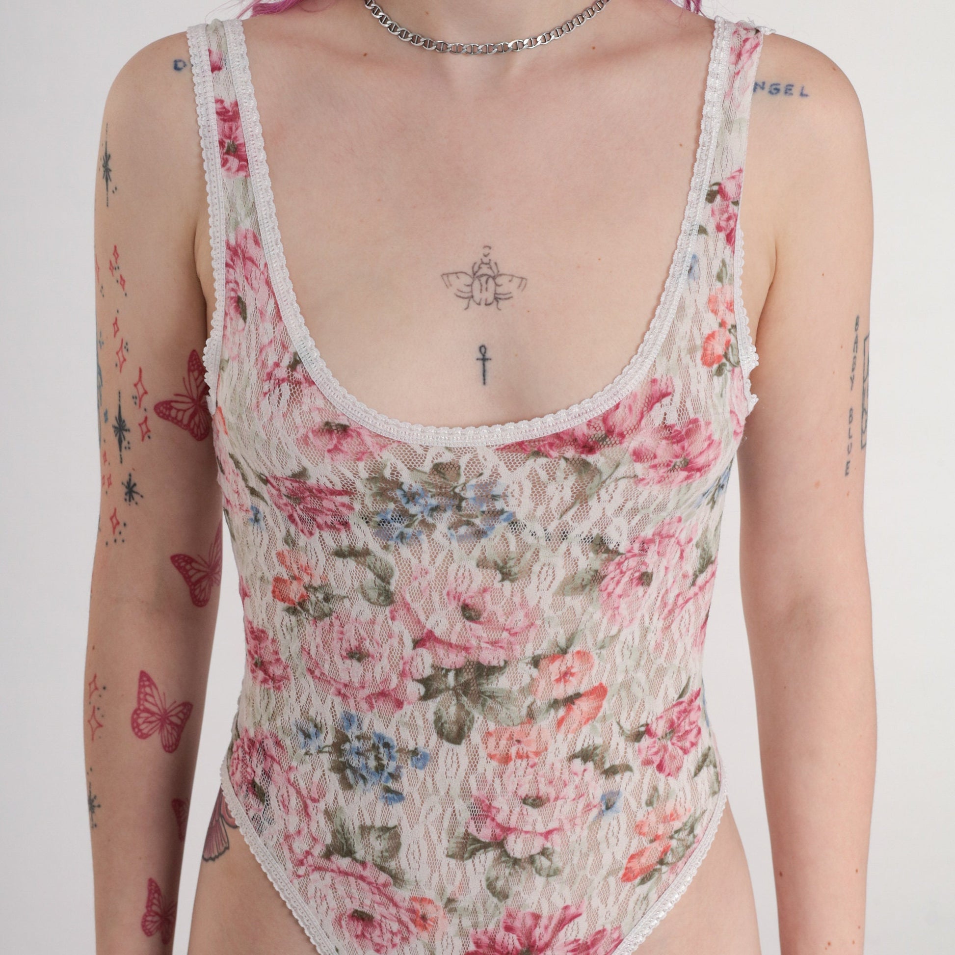 80s Floral Lace Bodysuit White Black Scoop Neck High Cut Medium