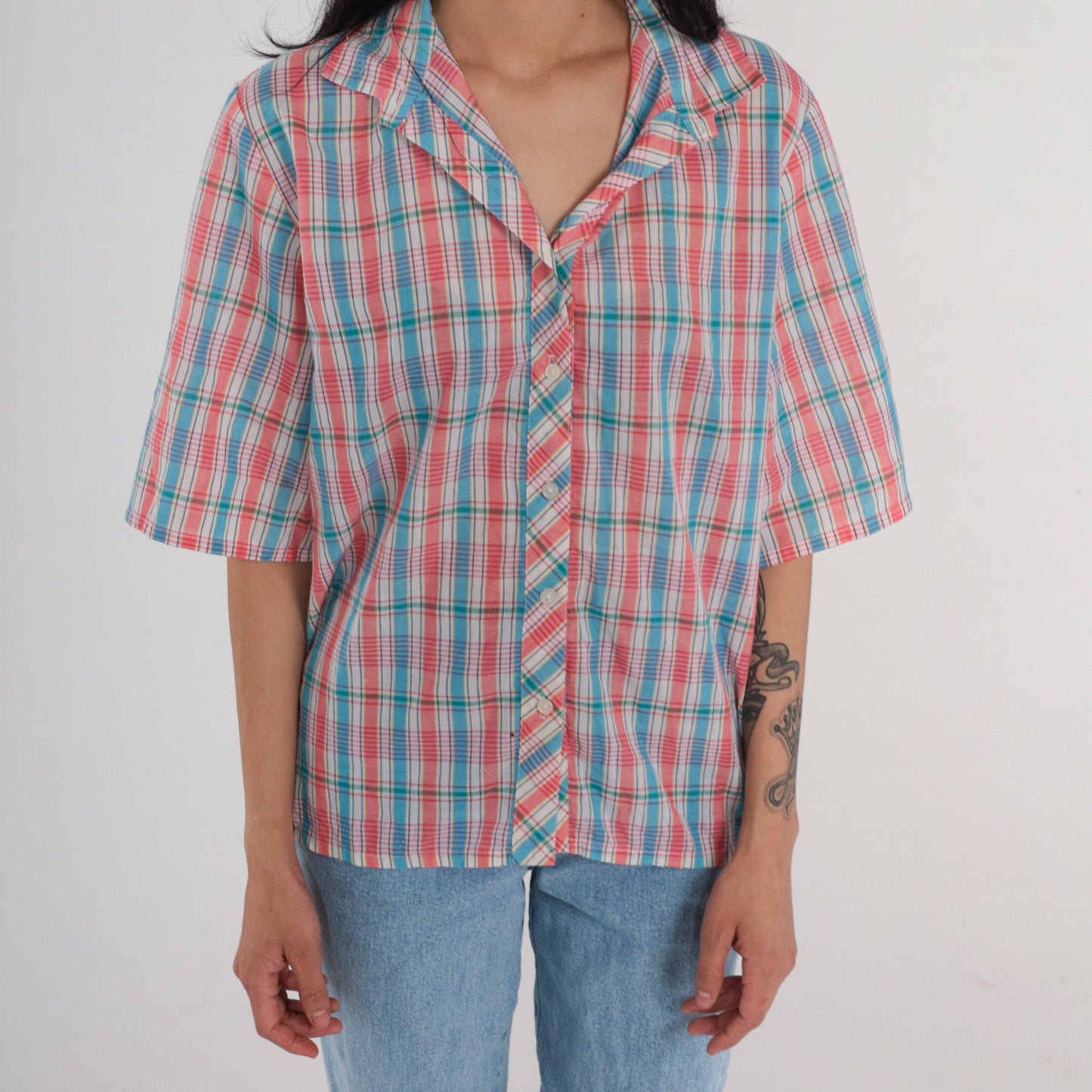 80s Plaid Button-Up Blouse Pink White Blue Checkered Short Sleeve Large L