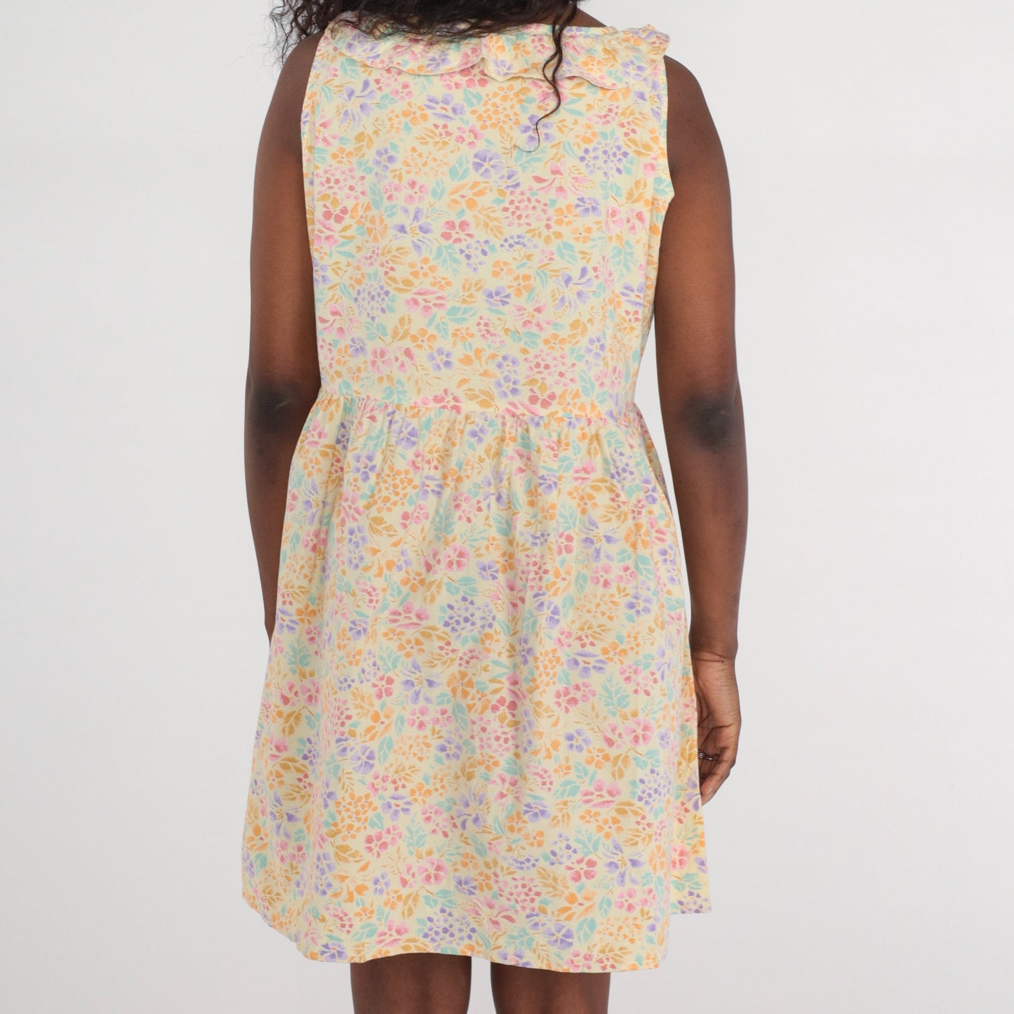 90s Pastel Floral Mini Dress High Waist Button Up Sleeveless Large L