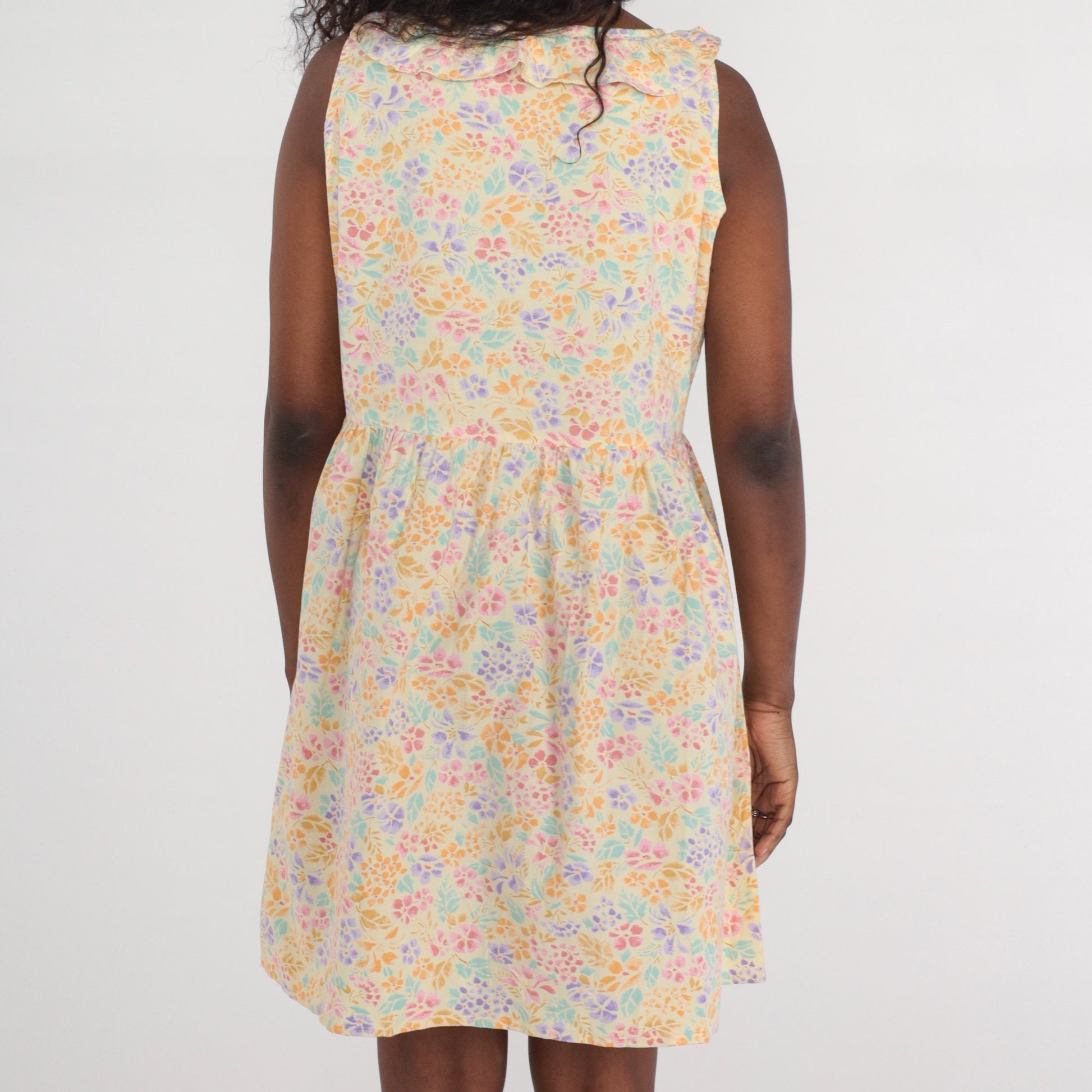 90s Pastel Floral Mini Dress High Waist Button Up Sleeveless Large L