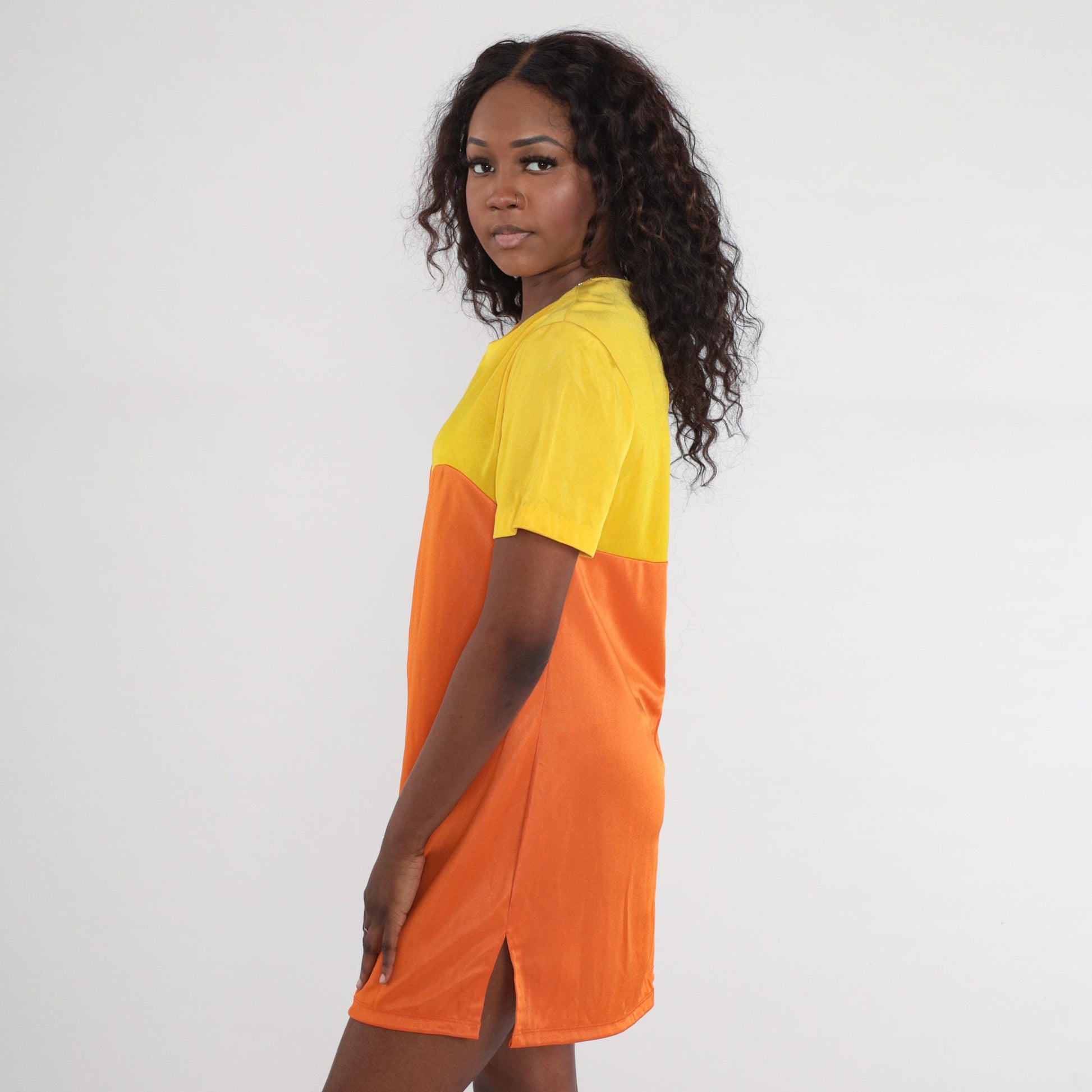 1960s Mod Mini Shift Dress Orange Yellow Colour Block Sleeveless Medium
