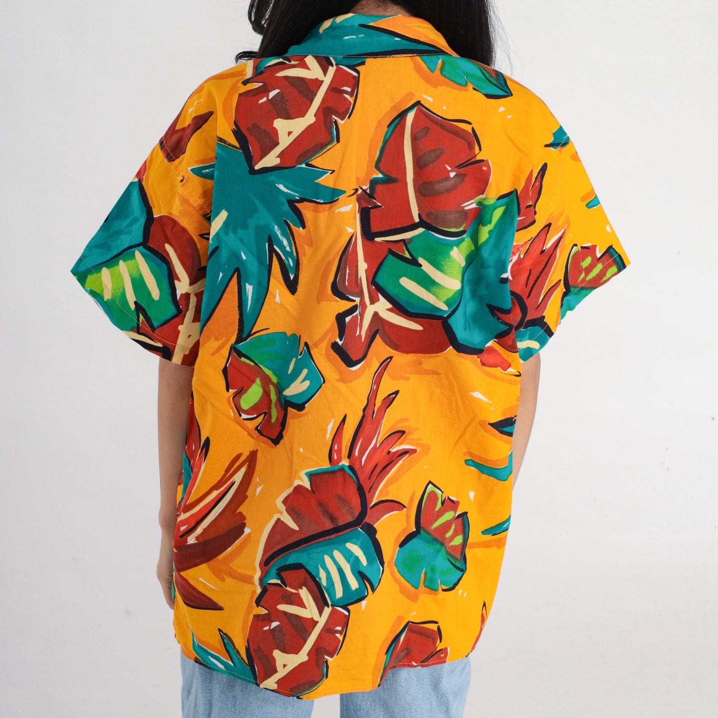 90s Yellow Tropical Leaf Print Button-Up Shirt Men's Extra Large