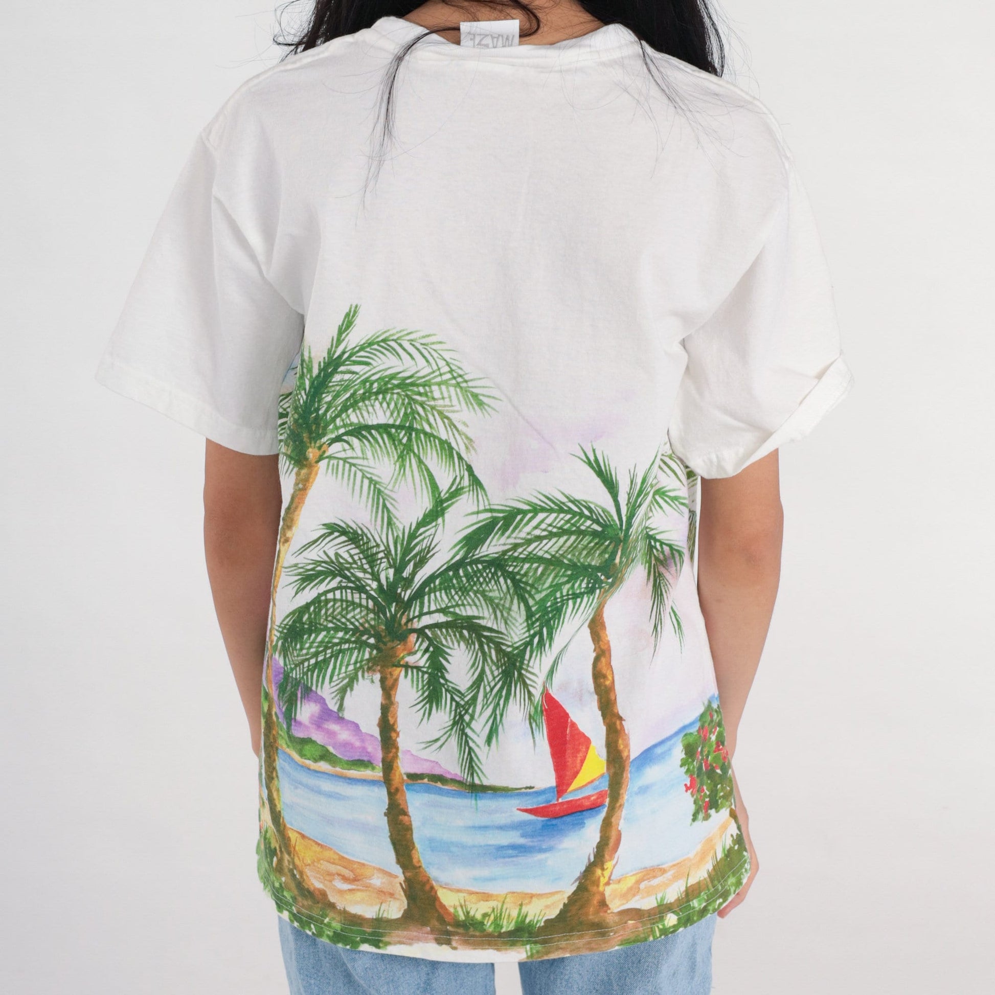 90s Beach Graphic T-Shirt Palm Tree Hammock Island White Cotton Medium
