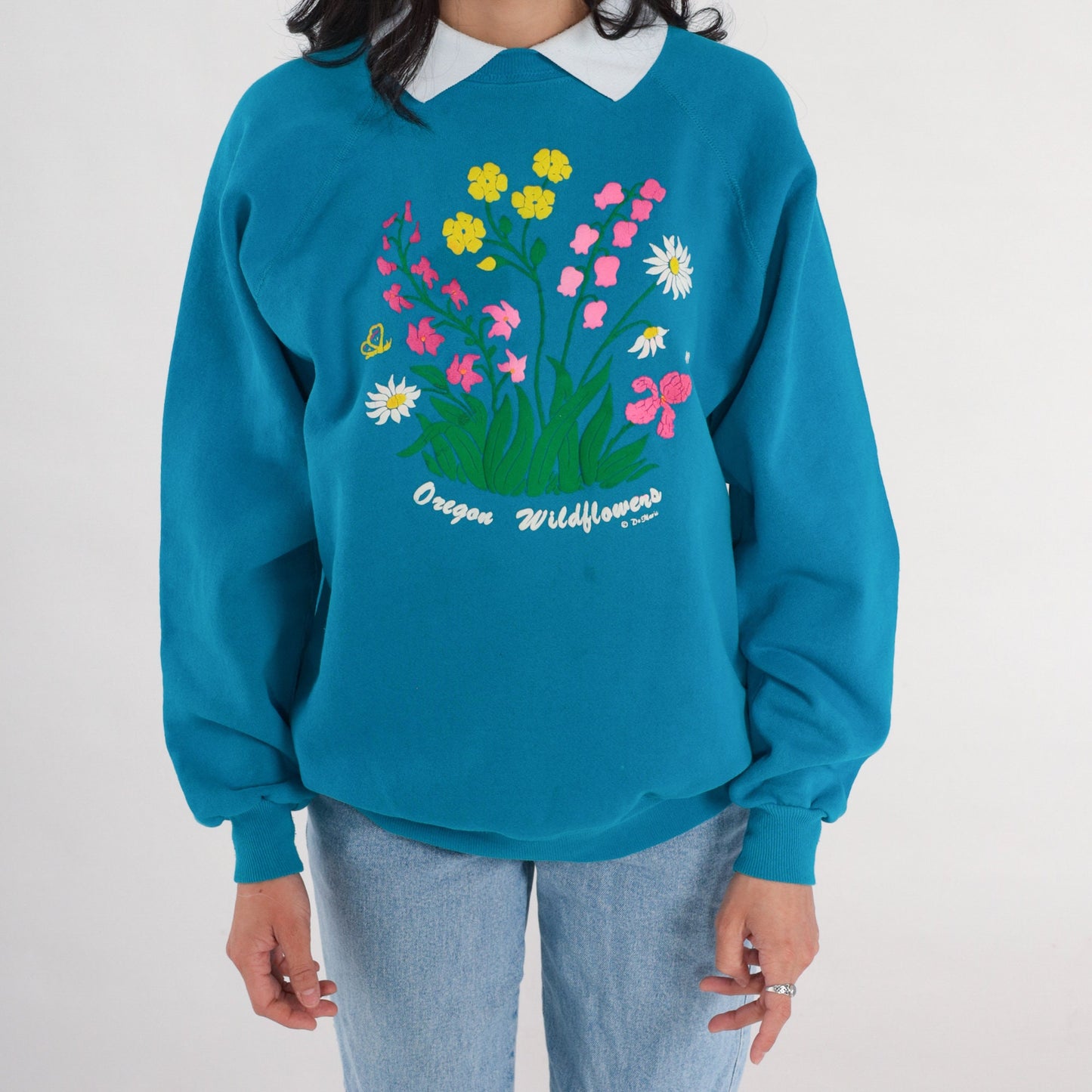 90s Oregon Wildflowers Blue Puffy Paint Floral Sweatshirt Collared Raglan Extra Large