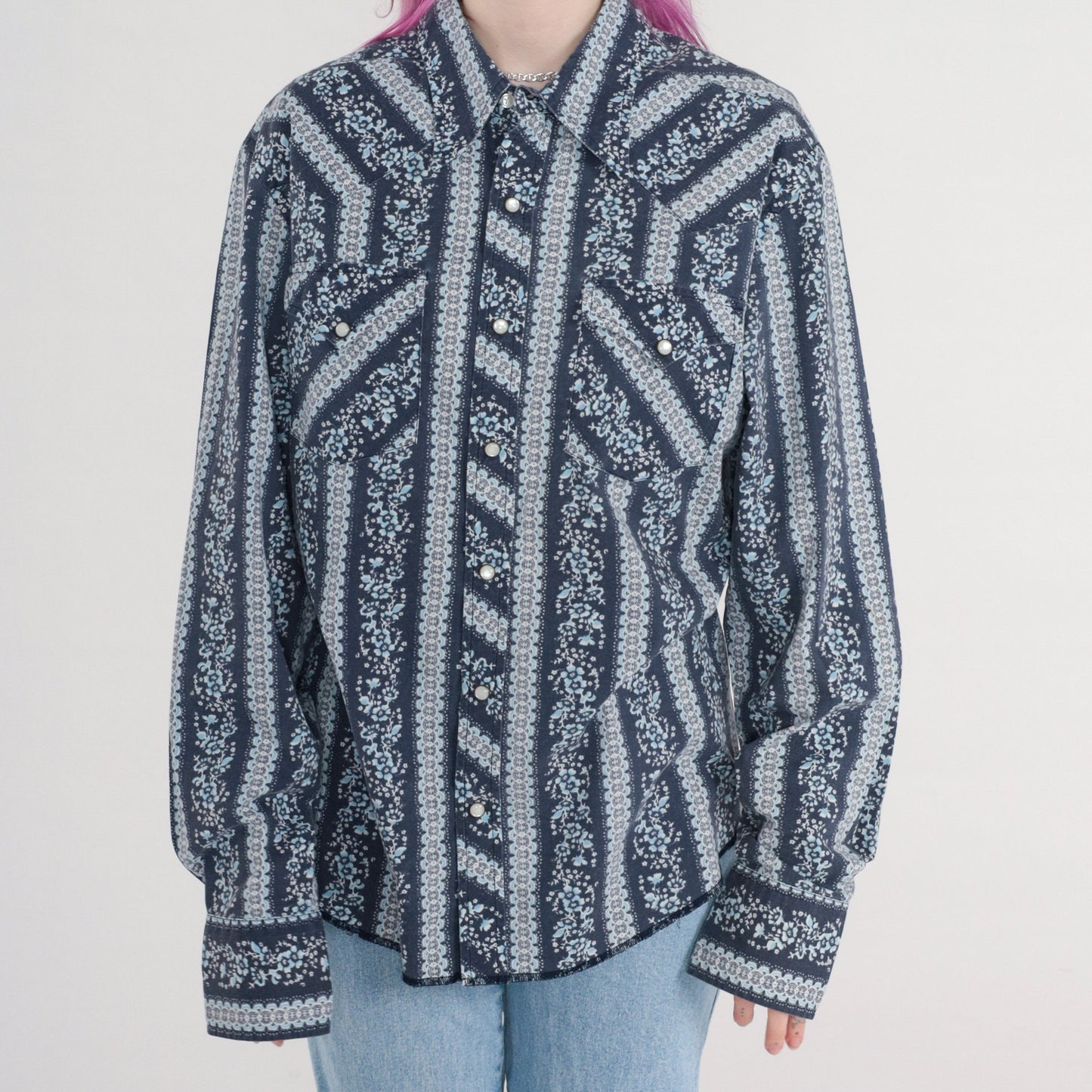 00s Western Pearl Snap Shirt Dark Blue Floral Striped Long Sleeve Men's Large