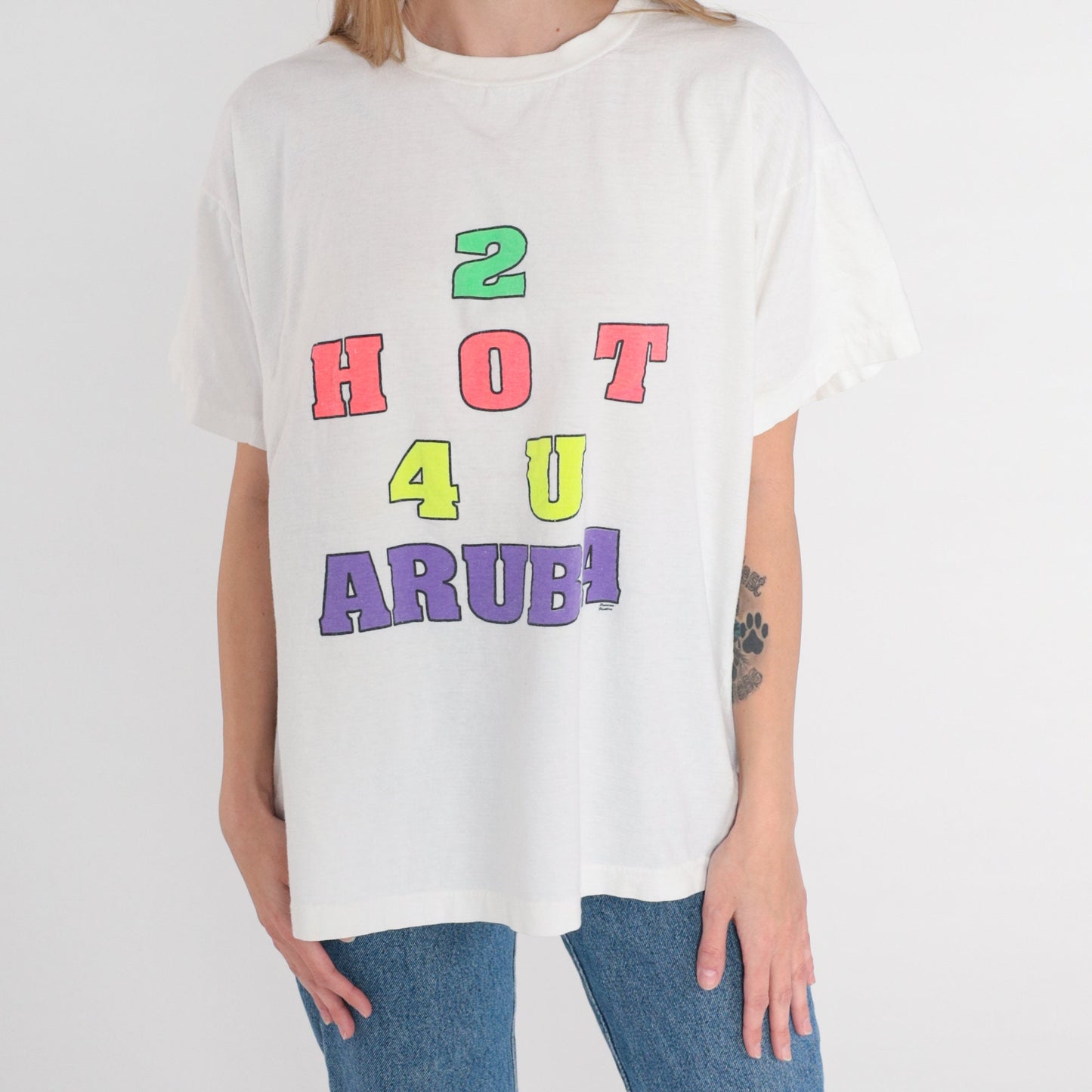 90s 2 Hot 4 U Aruba Jamaica Graphic T-Shirt White Single Stitch Medium