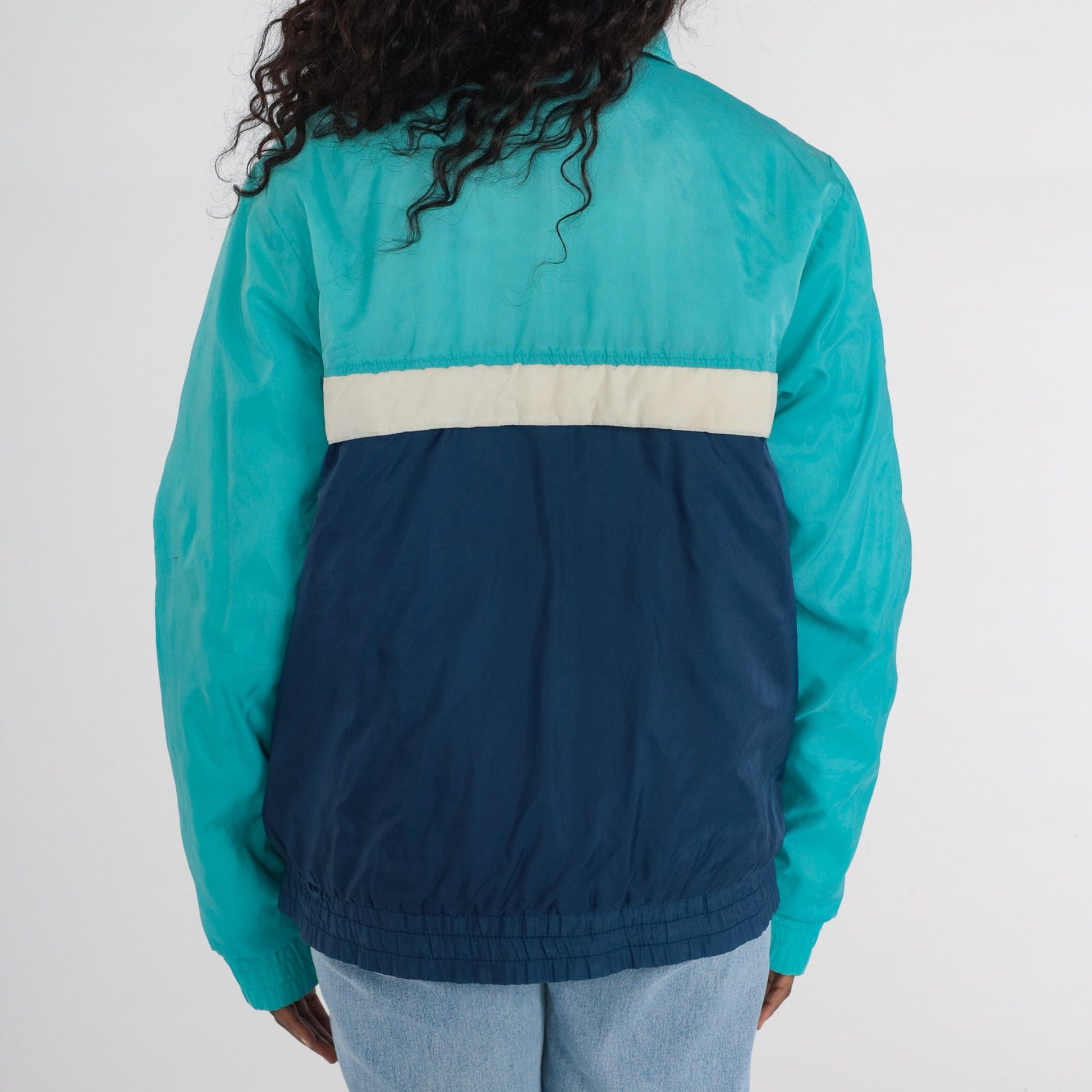 80s Colour Block Ski Jacket Blue Aqua Puffer Zip Coat Men's Medium