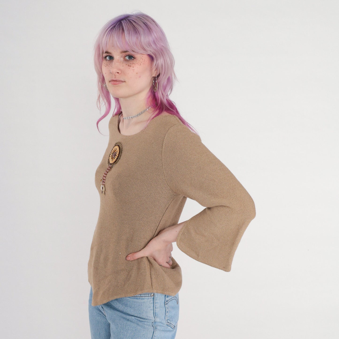 90s Taupe Knit Sweater Beaded Seashell Fringe Bell Sleeve Small
