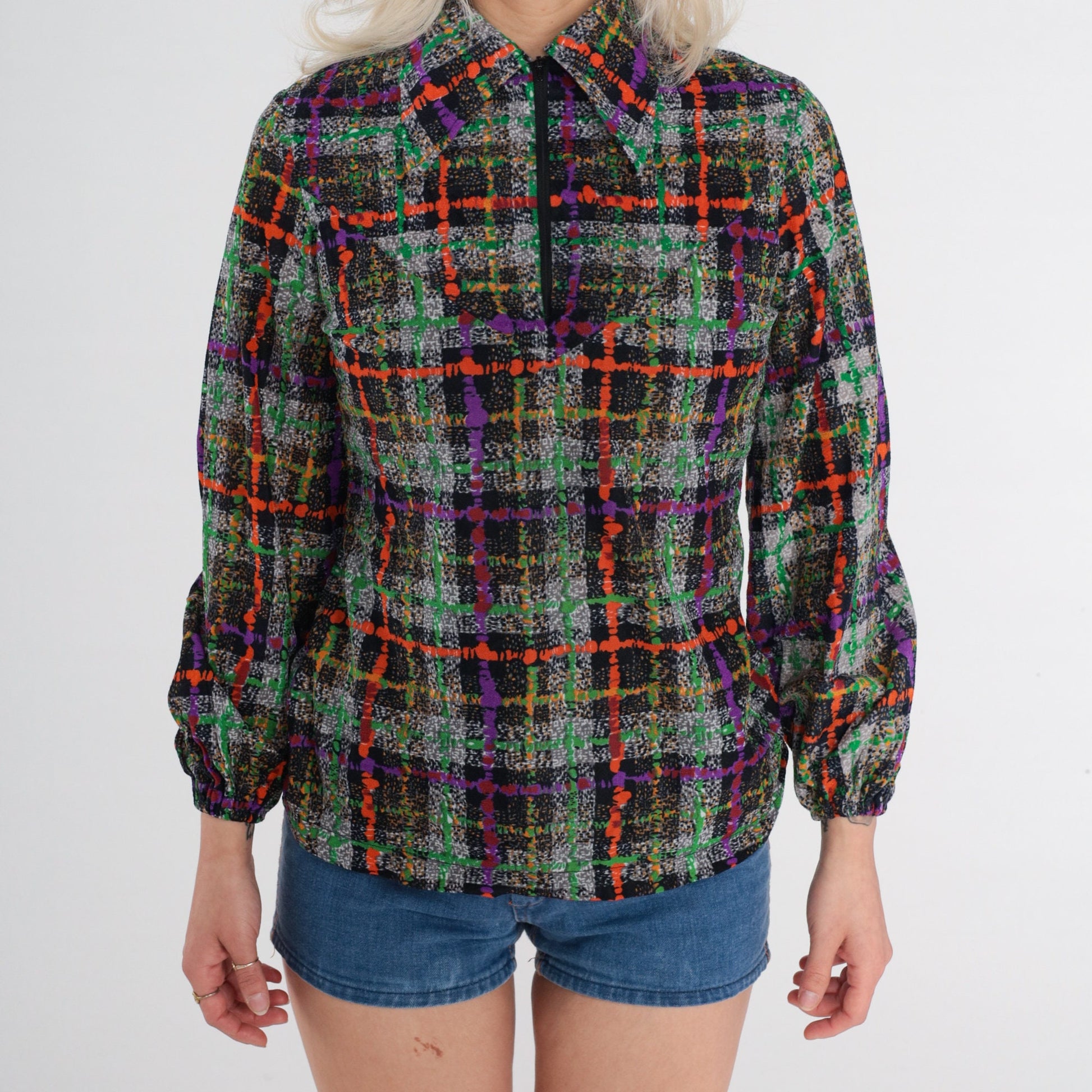 70s Panhandle Slim Checkered Zip Blouse Dagger Collar Multicolor Small S