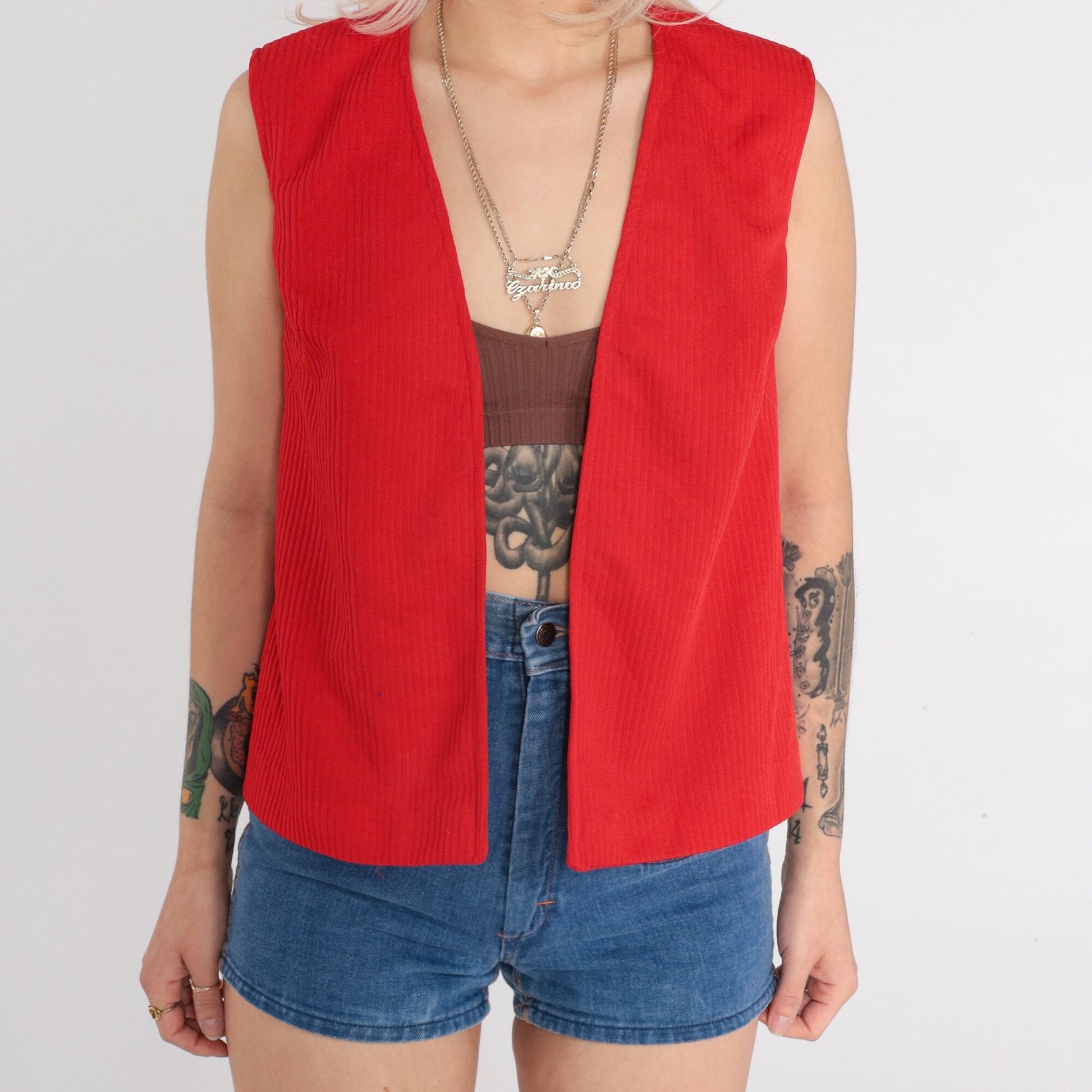 70s Red Sleeveless Vest Open Front Polyester Knit Small