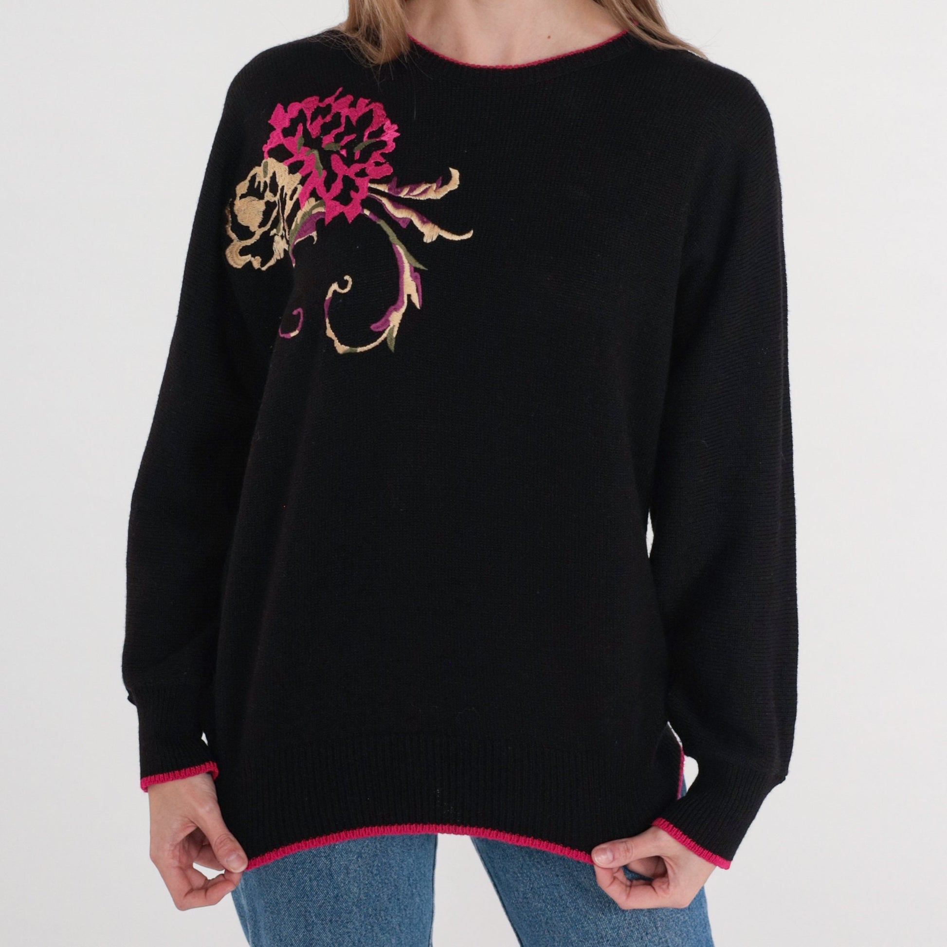 80s Black Knit Sweater Pink Purple Embroidered Floral Pullover Medium M