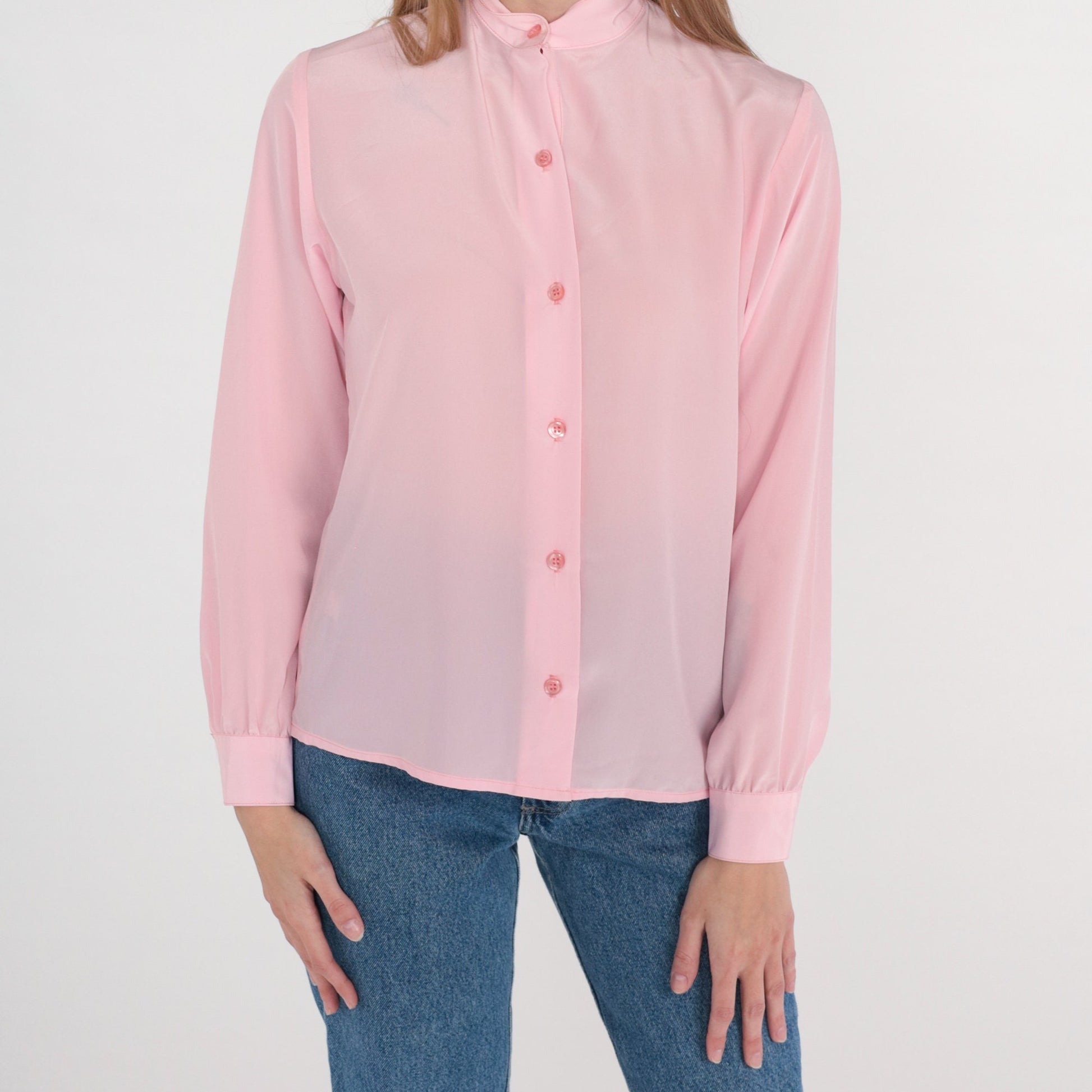 80s Pink Semi-Sheer Button-Up Blouse High Neck Long Sleeve Small