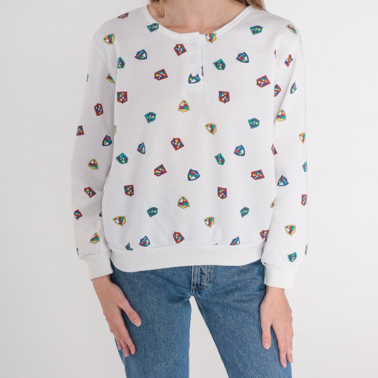 80s Crest Print Henley Sweatshirt White Snap Pullover Medium