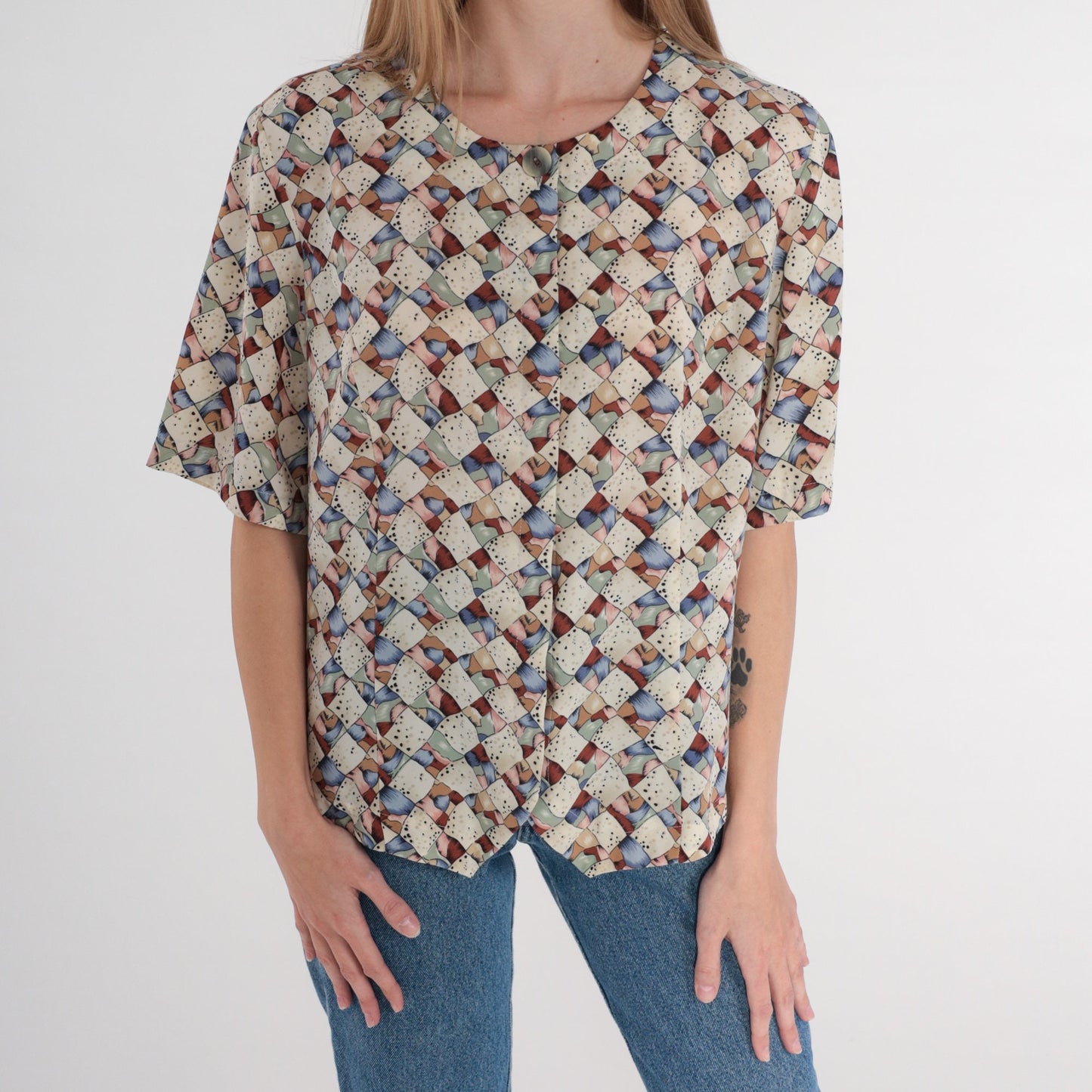 Y2K Abstract Print Button-Up Blouse Short Sleeve Multicolor Op Art Top Large 12