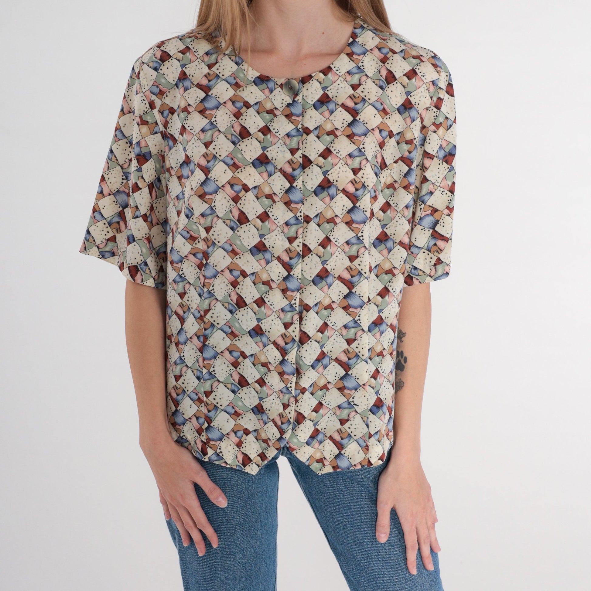 Y2K Abstract Print Button-Up Blouse Short Sleeve Multicolor Op Art Top Large 12